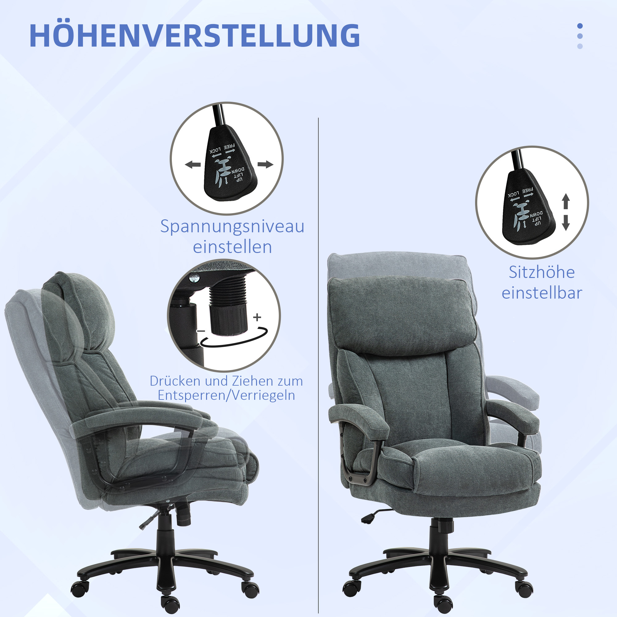 großer hoher Bürostuhl, 200 kg Tragekapazität, robuste Konstruktion, weicher Bezug, Grau