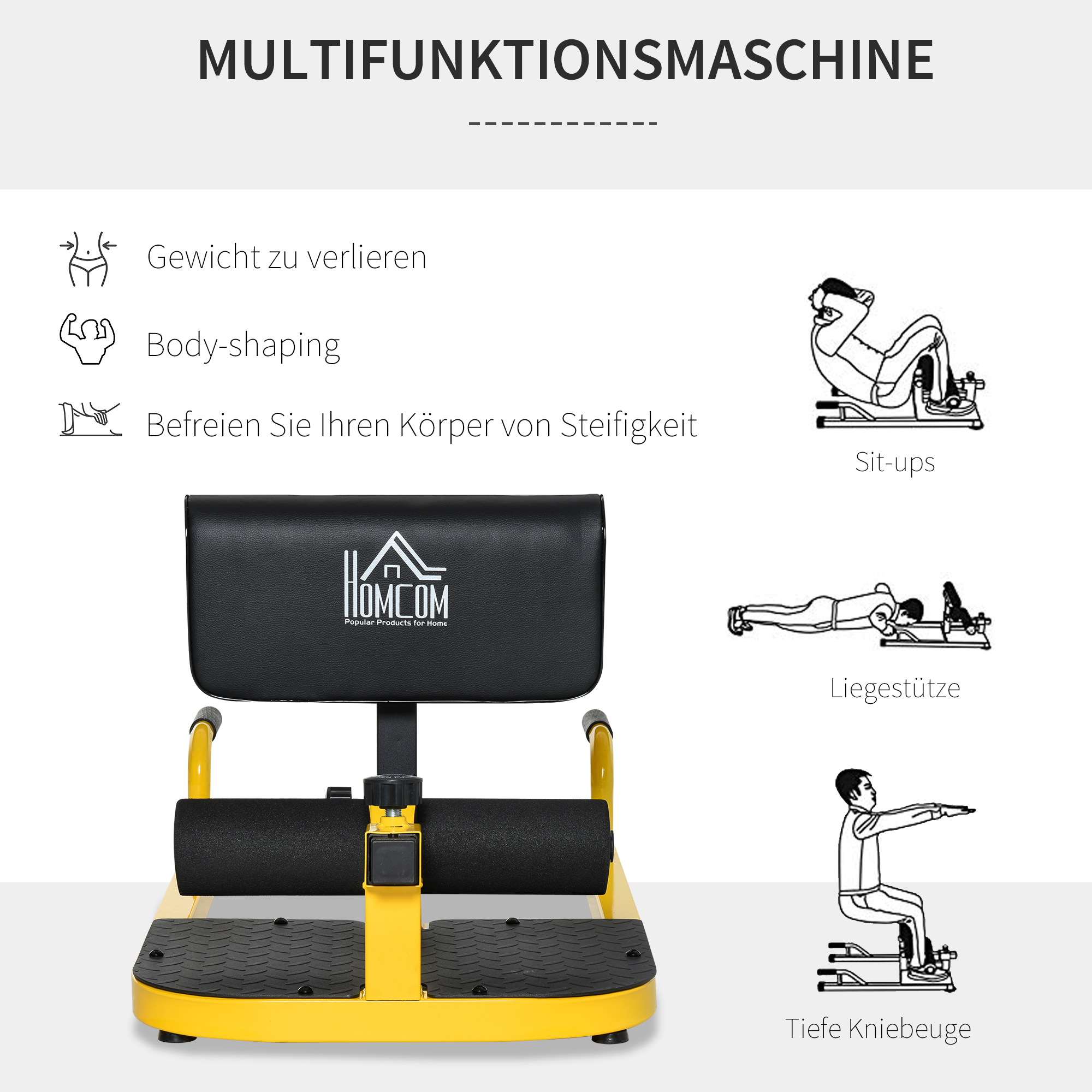 Sissy Squat Kniebeugentrainer Beintrainer Bauch-Gesäß-Trainer 3 in 1 Trainer verstellbar bis 120 kg Stahl Gelb+Schwarz 50 x 97 x (44,5-56,5) cm