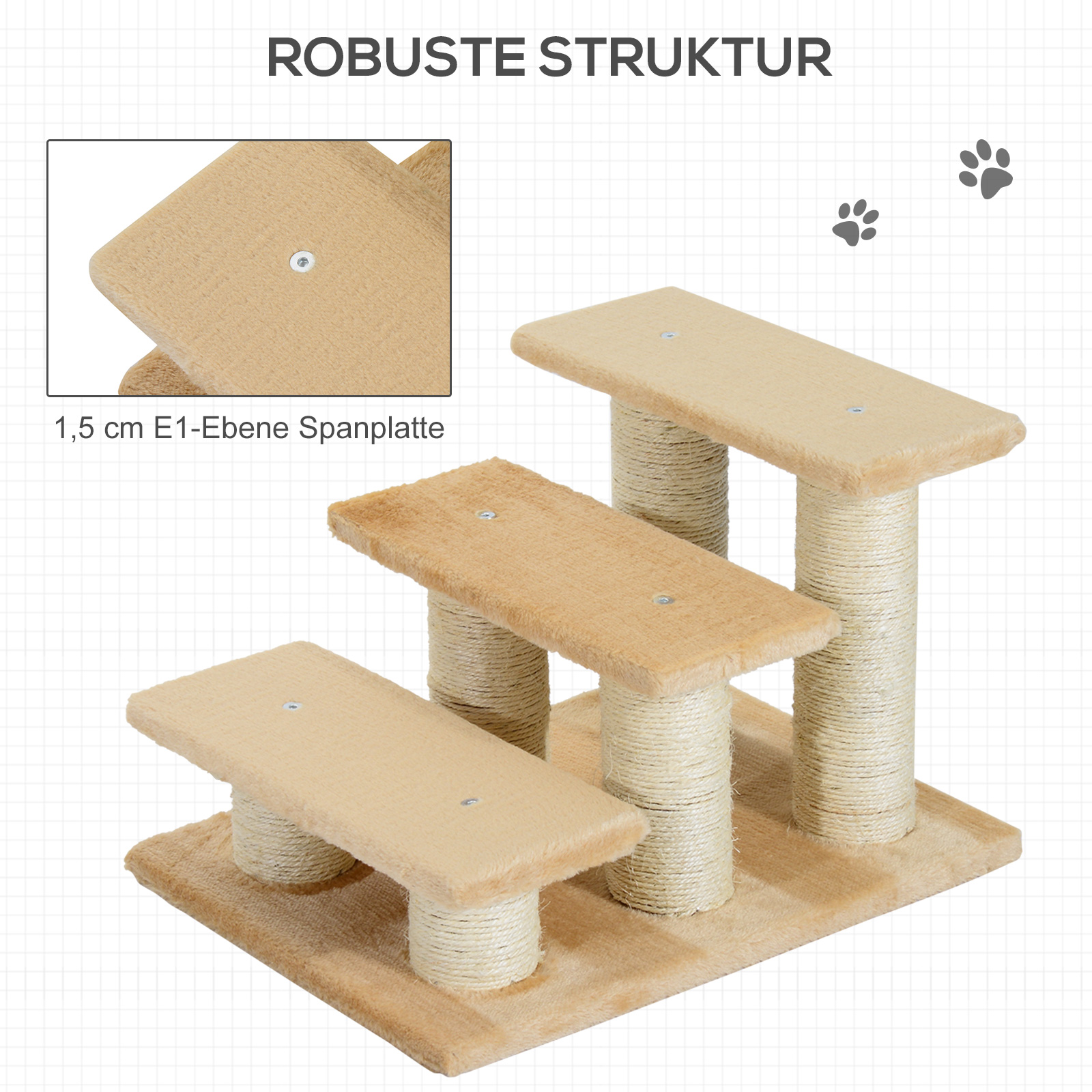 Tiertreppe Katzentreppe Hundetreppe 3 Stufen Treppe für Katze und Hunde Plüsch Creme 45 x 35 x 34 cm