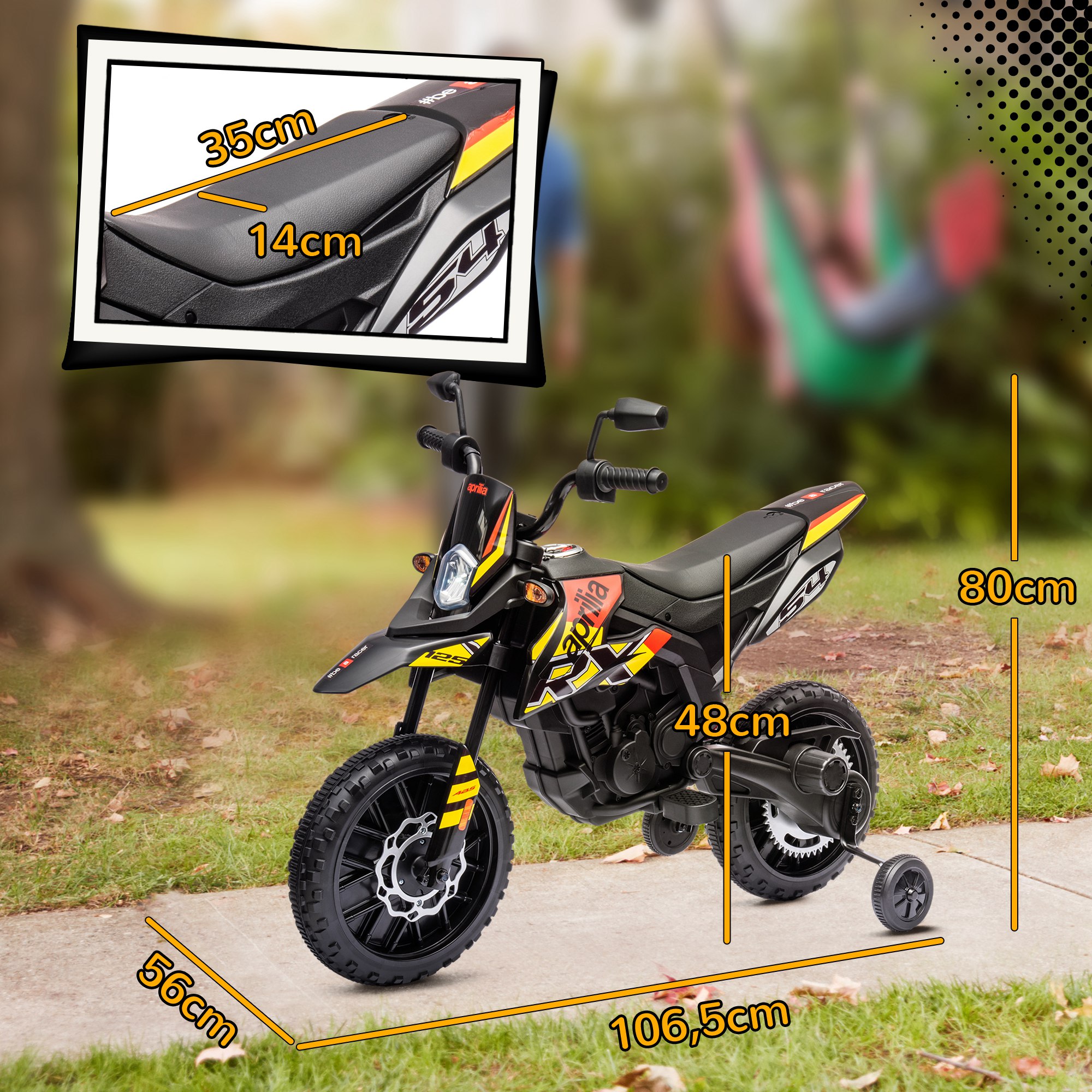 12V Kinder-Motorrad mit Stützrädern, LED-Lichtern, Musik, USB, Elektro-Motorrad für Jungen und Mädchen, Gelb
