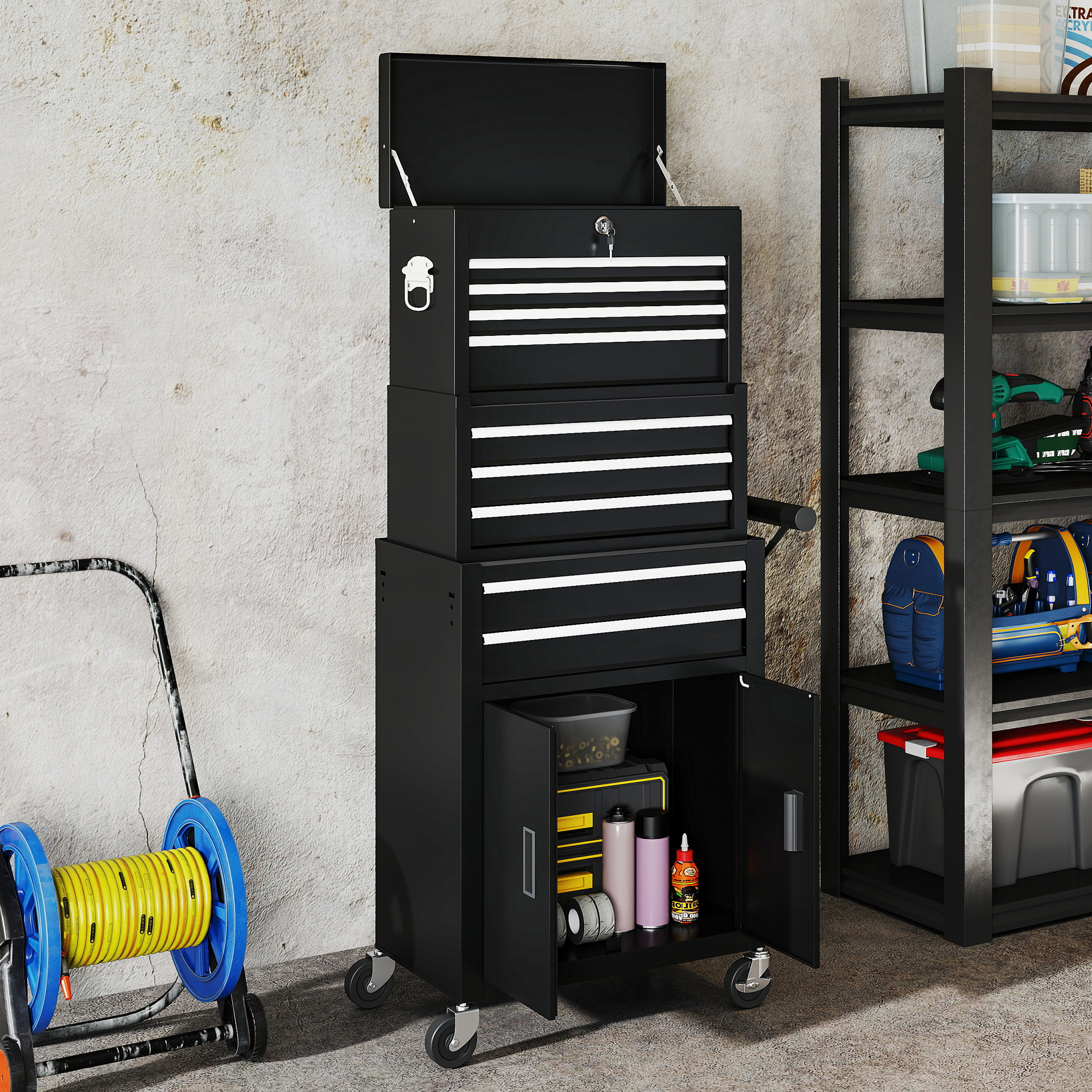 3-in-1 Werkzeugkiste, Werkzeugschrank mit 4 Rädern, verschließbarer Werkzeugkasten mit 9 Schubladen, Stahl, Schwarz
