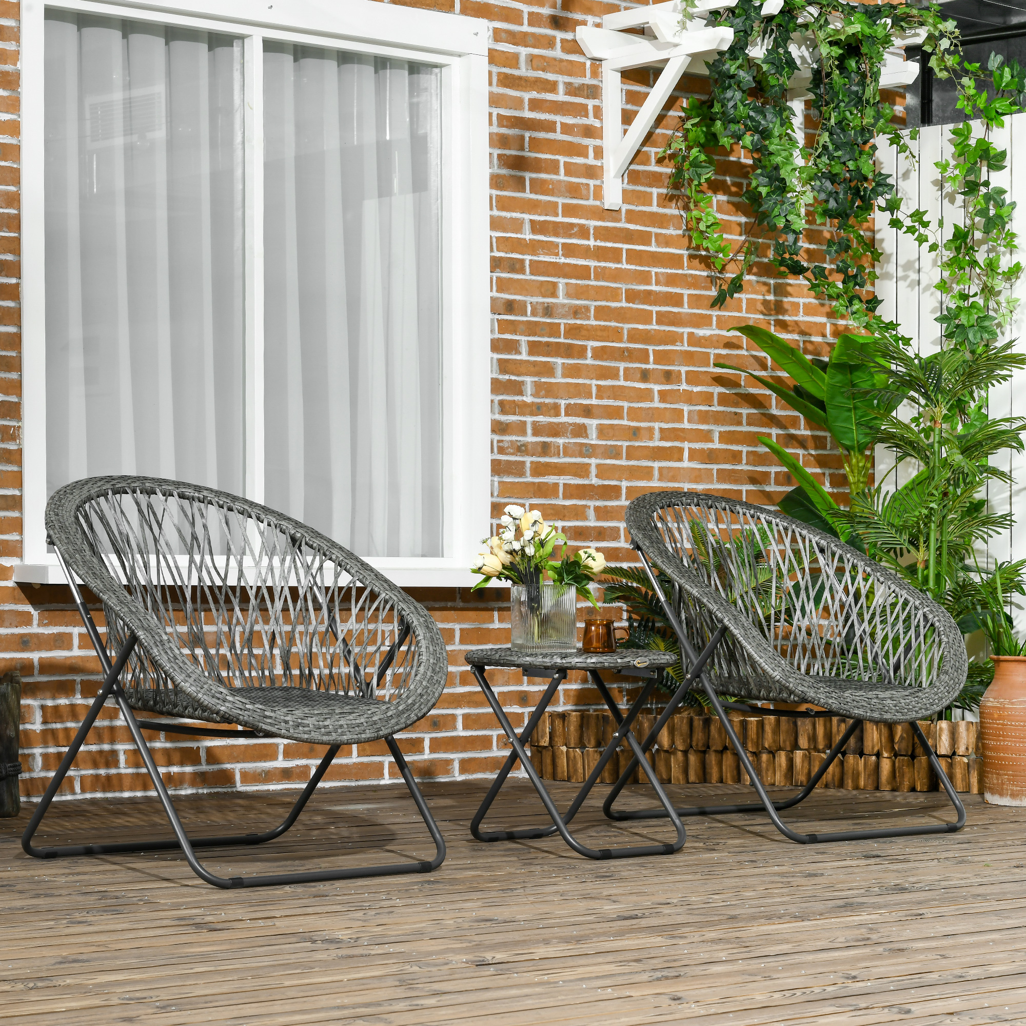 Gartenmöbel-Set, 3-teilig, Rattanoptik, 2 Stühle, 1 Tisch, klappbar, Grau