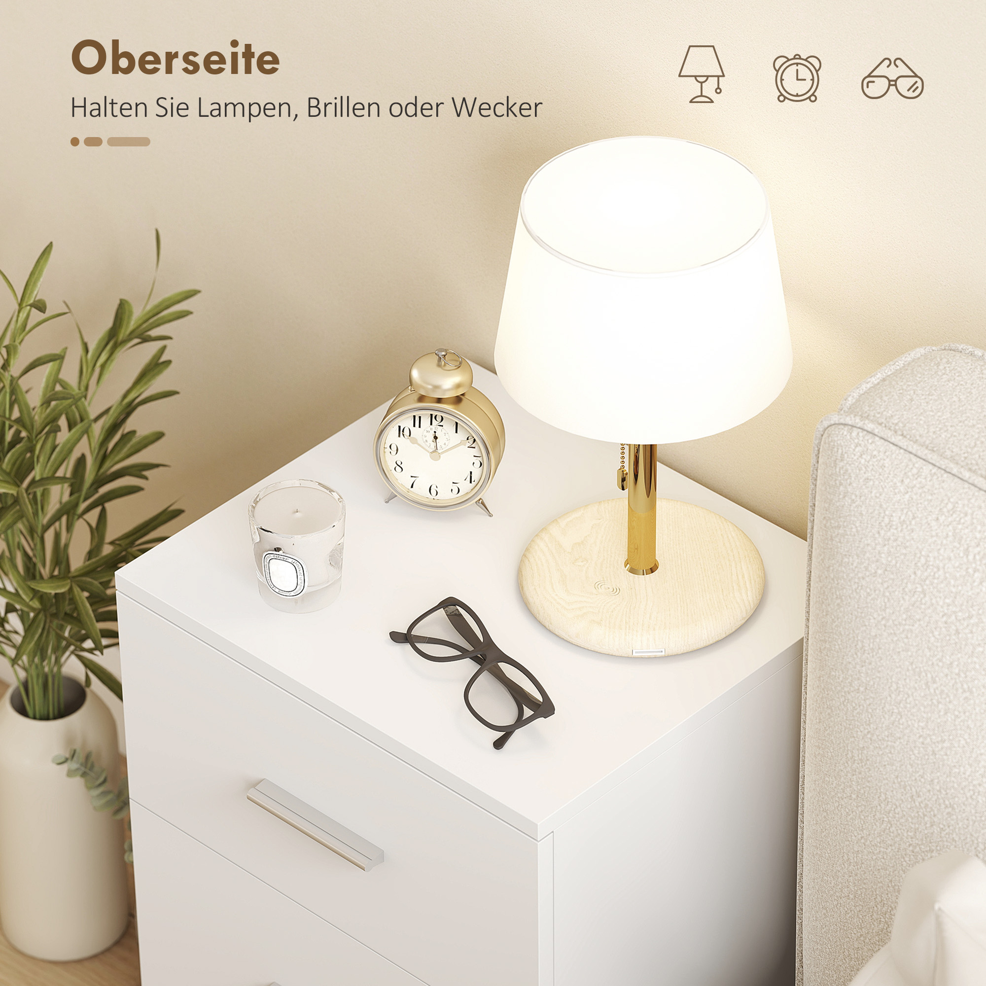 Nachttisch mit 3 Schubladen, Beistell-Kommode für Schlafzimmer, MDF, Weiß