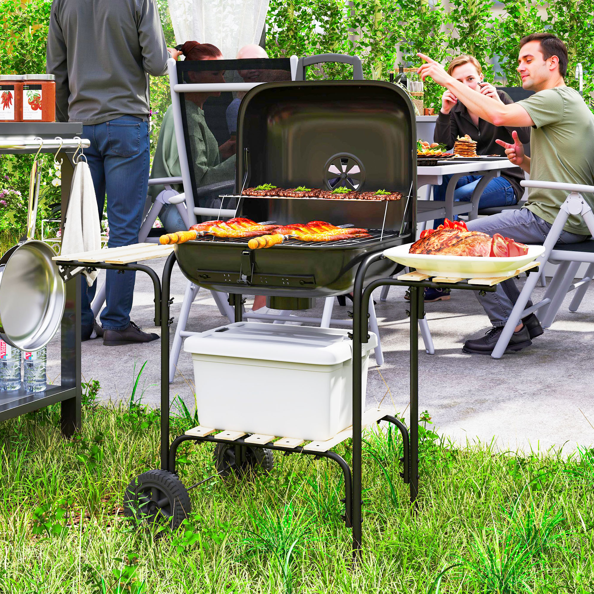 Holzkohlegrill aus Stahl Grillwagen mit abschließbarem Deckel Grillrost Räder Griff Holzablage 98 x 54 x 91 cm Schwarz