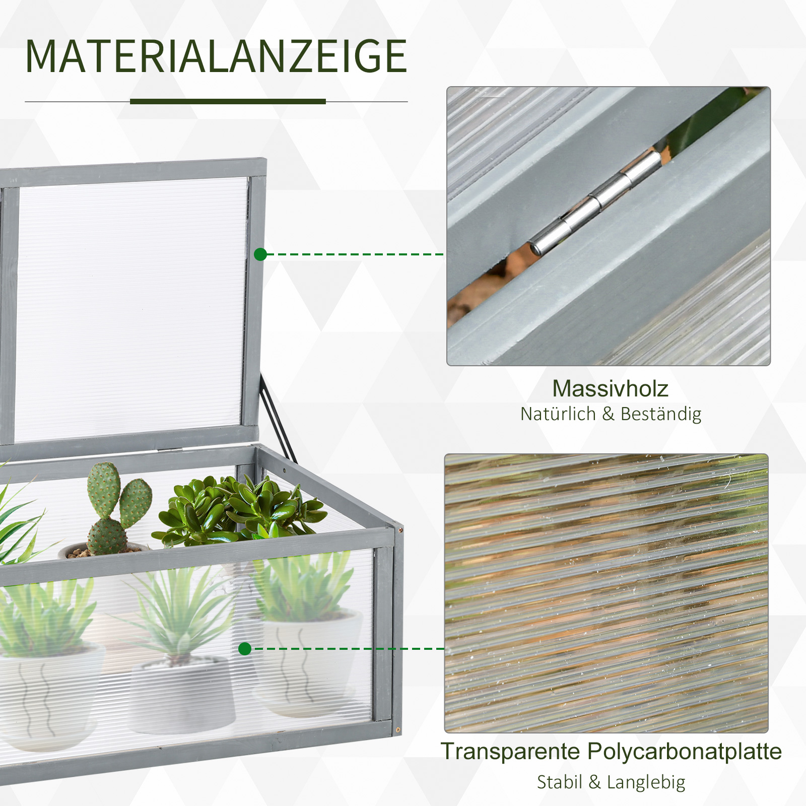 Frühbeet Holz und Polycarbonat Treibhaus 90 x 46 x 40 cm Gewächshaus mit Abdeckung wetterfest Frühbeetkasten für Garten Pflanzenbeet Grau
