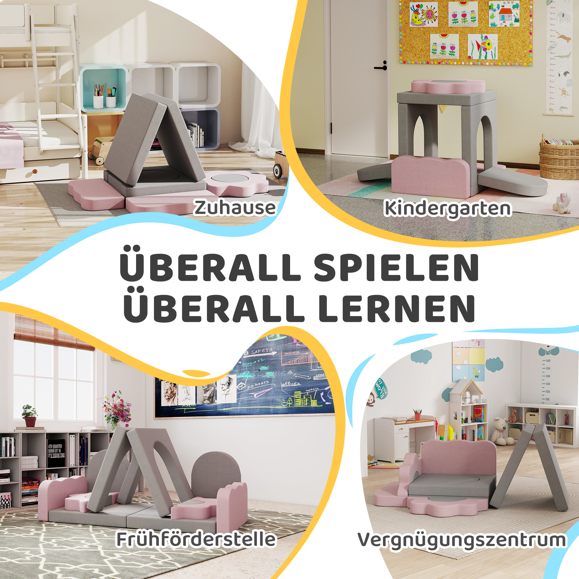 12-teiliges Set Schaumstoffblöcke zum Klettern, Bauen, Krabbeln, Indoor-Spielmatten mit Cordbezug, Grau+Rosa