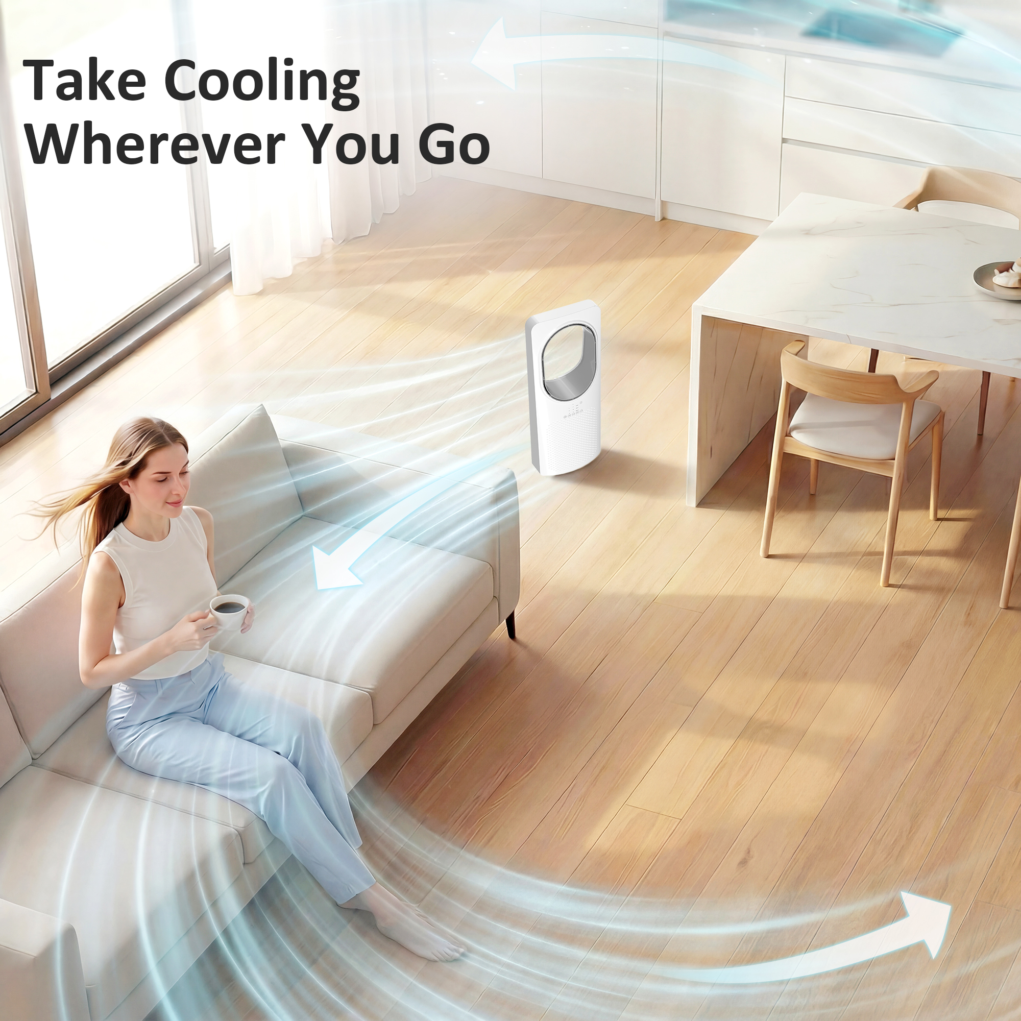 Bladeless Turmventilator für Schlafzimmer, 36 dB Standventilator mit 45° Oszillation, 3 Geschwindigkeiten, 3 Modi, 15-Stunden-Timer, Weiß