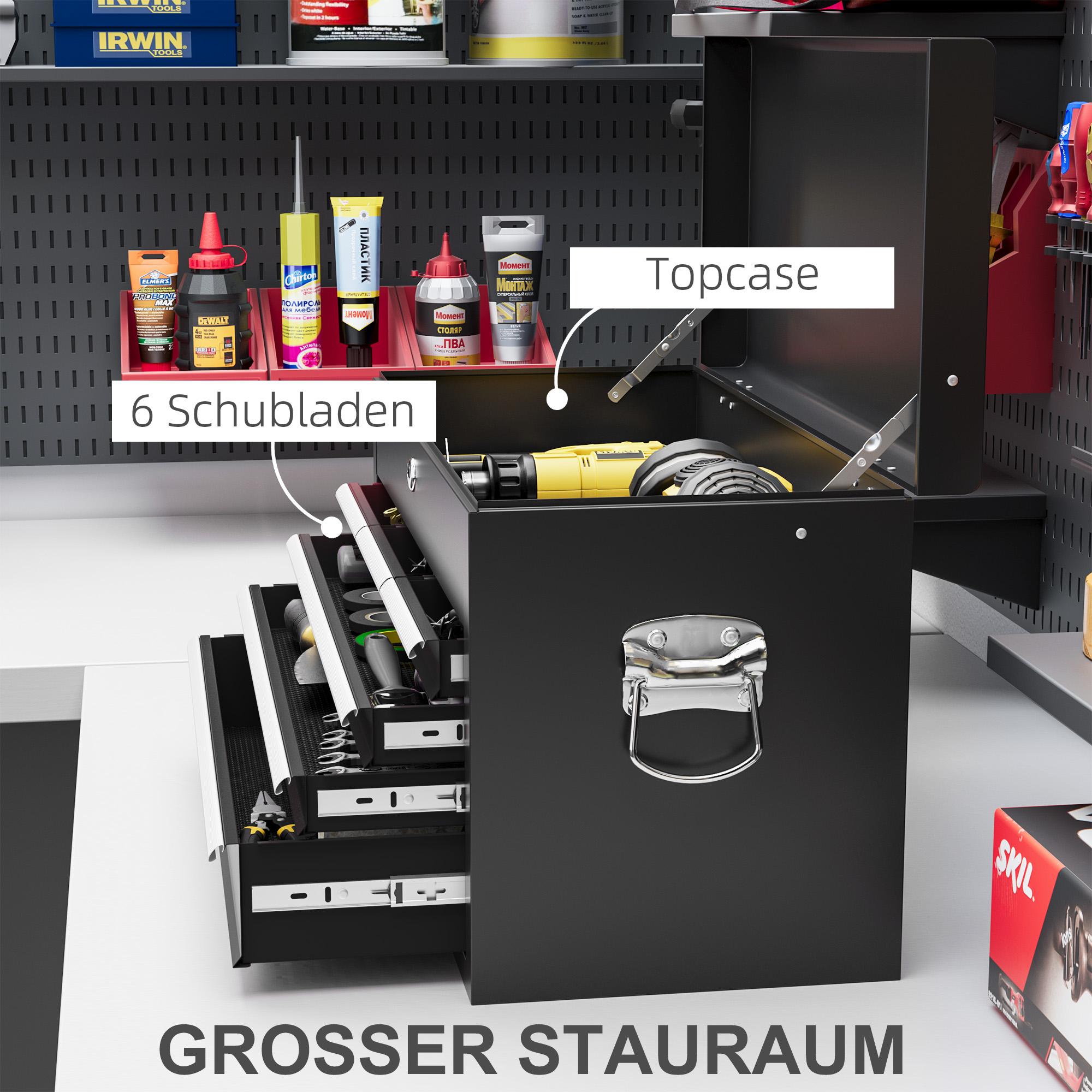 Werkzeugkiste, abschließbar, 3 Schubladen, Stahlgehäuse, 60x26x34cm, Schwarz