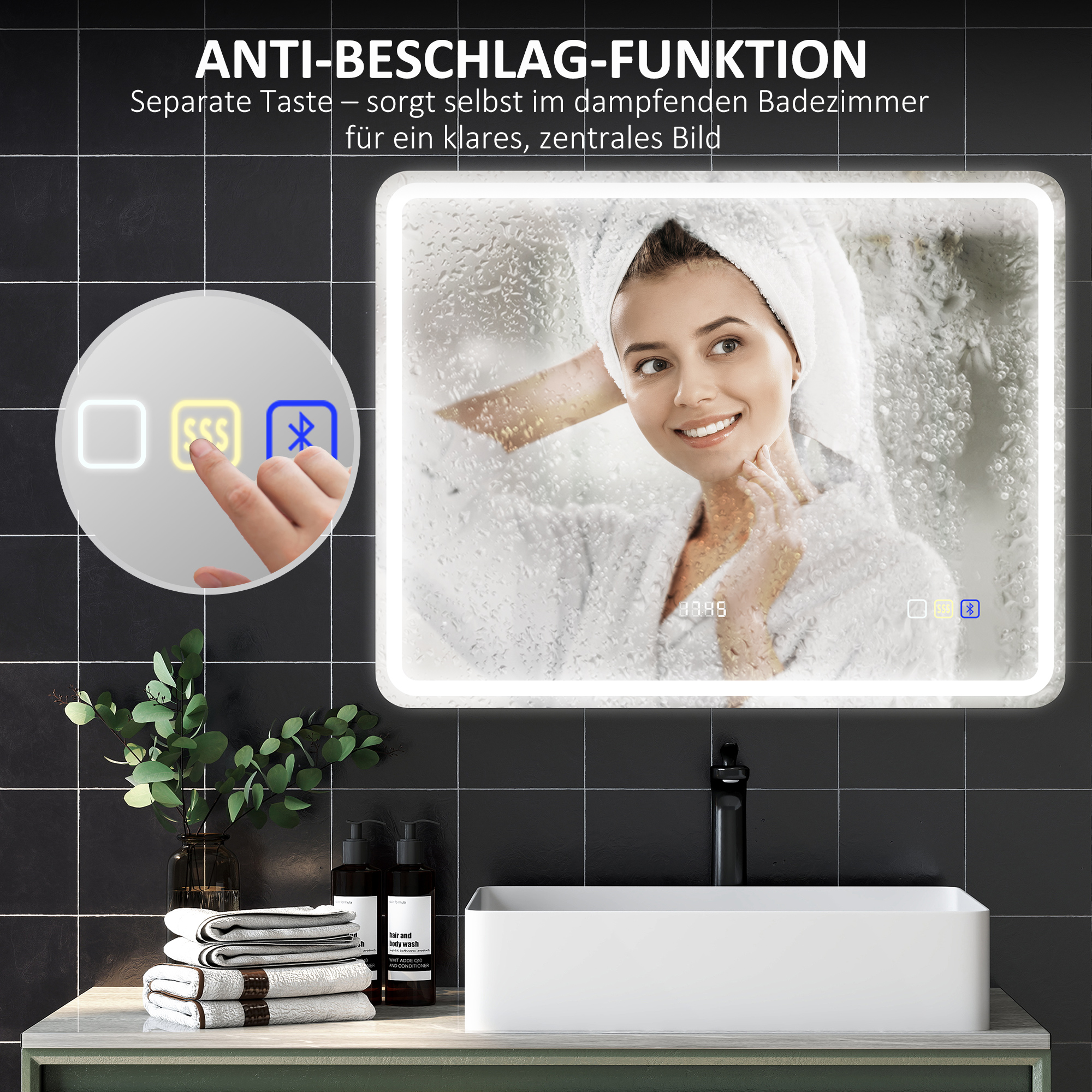 Badezimmerspiegel mit LED-Beleuchtung, Anti-Beschlags-Pad, 3 verstellbare Farben, Uhr, 700 x 900 mm, Silberfarben