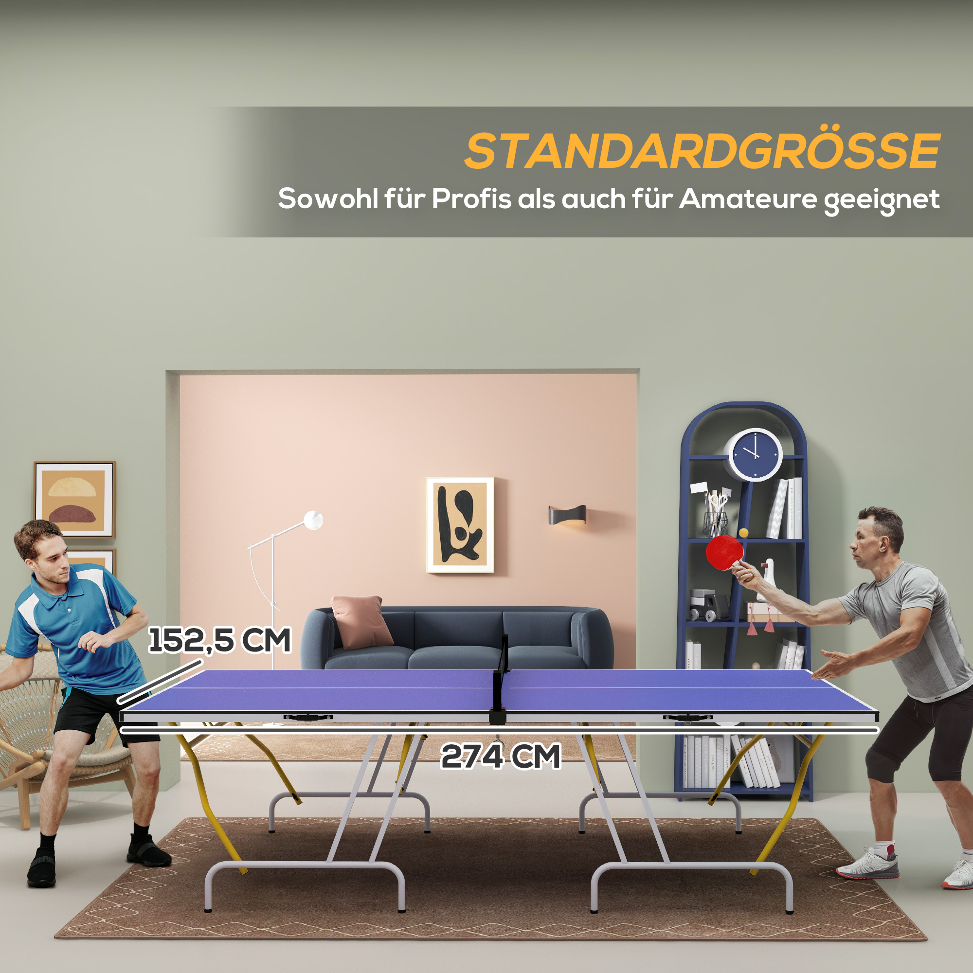 Tischtennisplatte, klappbar, inkl. 2 Schläger, 3 Bälle, Netz, In- & Outdoor, Metallgestell, 274x152x76cm, Blau