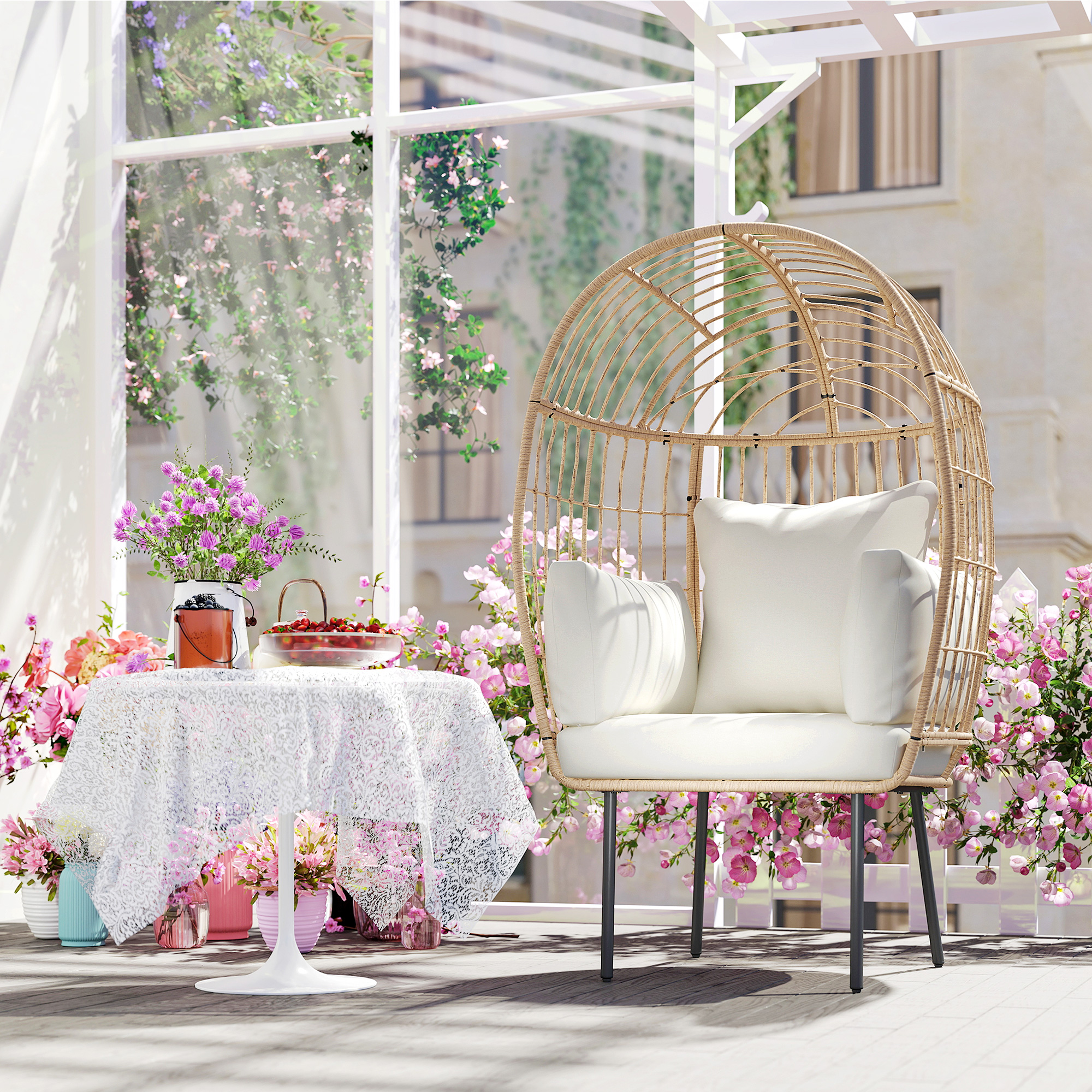 Rattansessel Ei-Förmig mit abnehmbarem Kissen, Polster, Outdoor Sessel aus Rattan 95 x 80 x 155 cm Beige