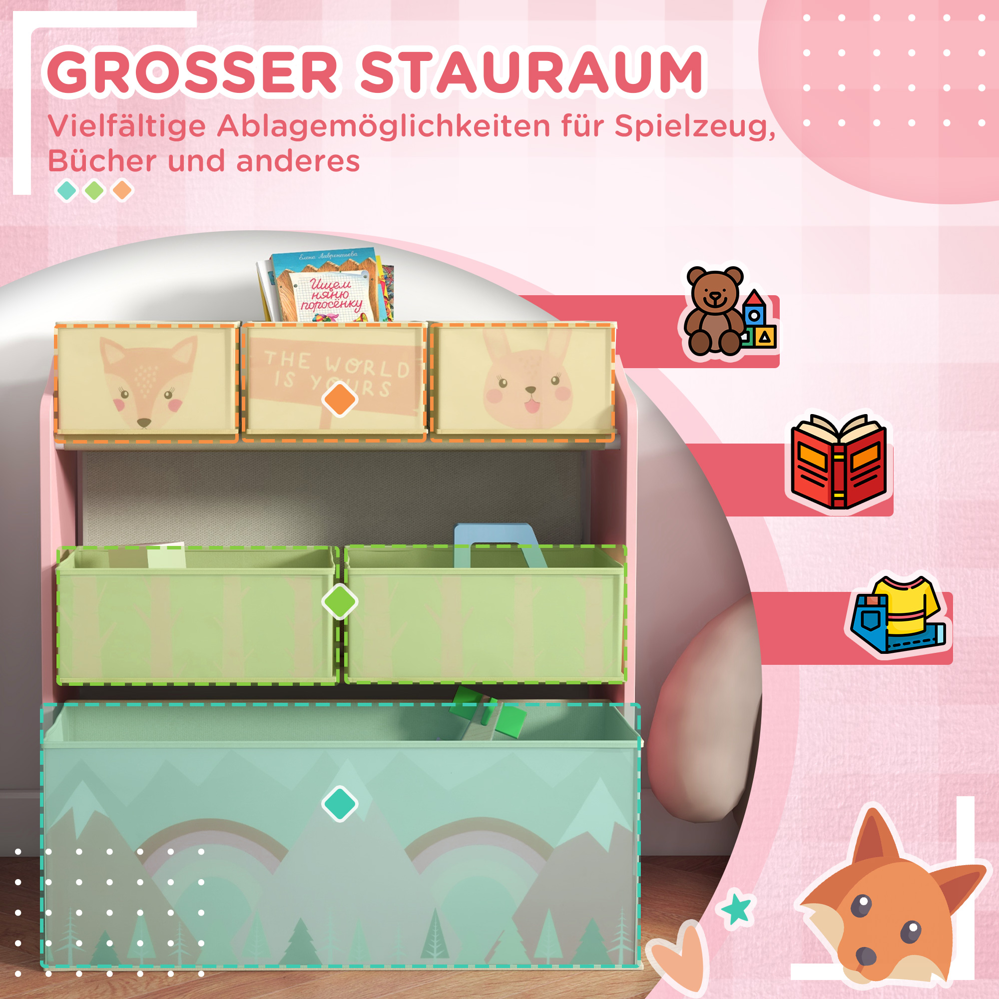 Kinderschrank mit 6 Stoffboxen, niedliches Motiv, 63x30x66 cm, Rosa