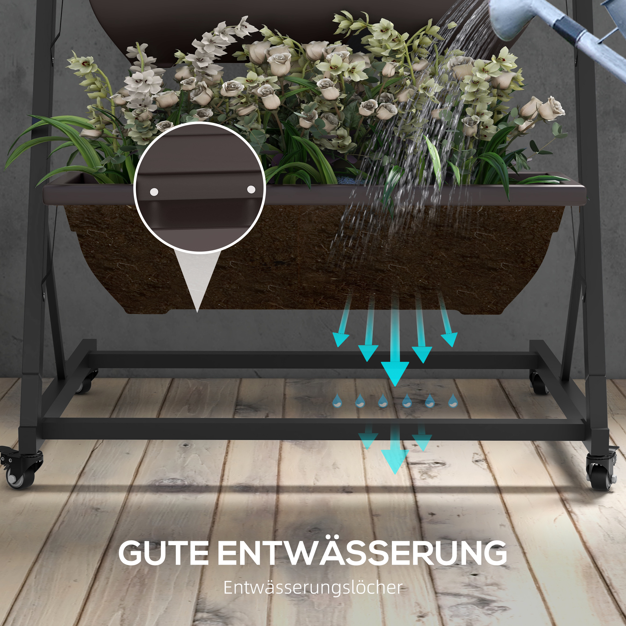 5-Etagen Pflanzenständer, 145 cm hoch Blumenständer mit Rollen Töpfe, Pflanzenregal aus Stahl Braun