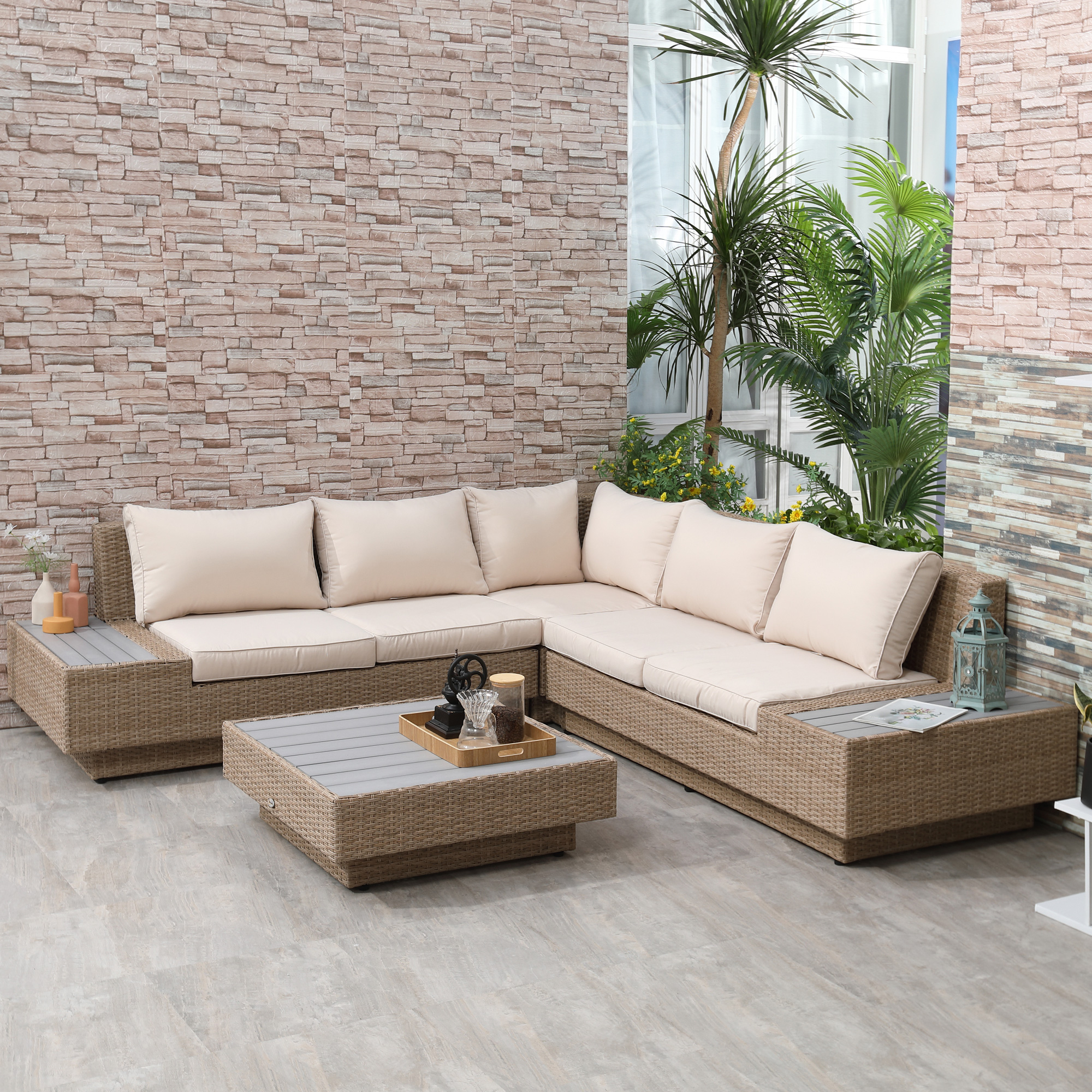4-tlg. Luxus Polyrattan Gartengarnitur Gartenmöbel Garten-Set Sitzgruppe Loungeset Loungemöbel inkl. Ablagen und Beistelltisch Sitzkissen Braun