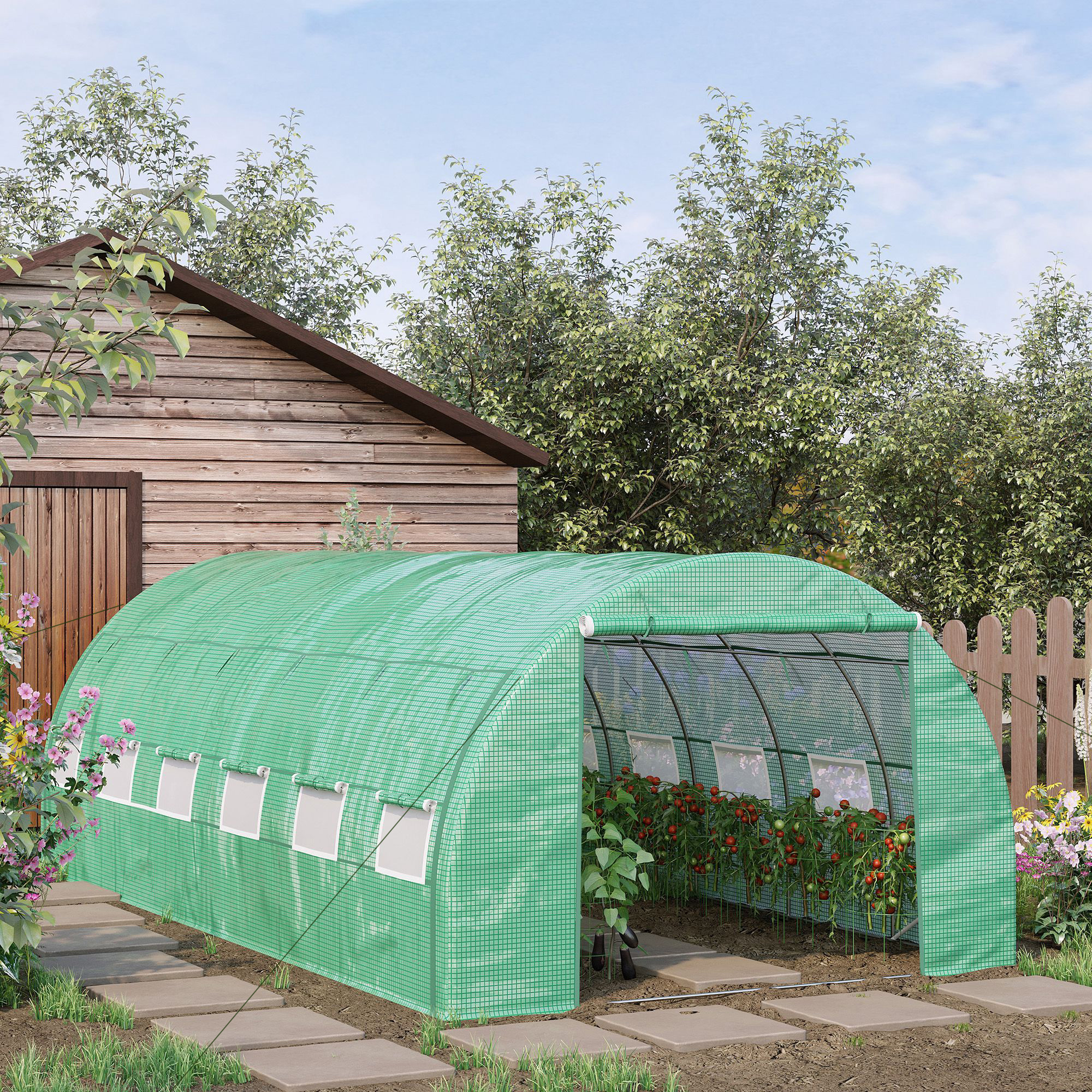 Foliengewächshaus Polytunnel 6 x 3 x 2 m begehbares Gewächshaus mit aufrollbar Abdeckungen Folientunnel Treibhaus UV-Schutz Stahlrohr Grün
