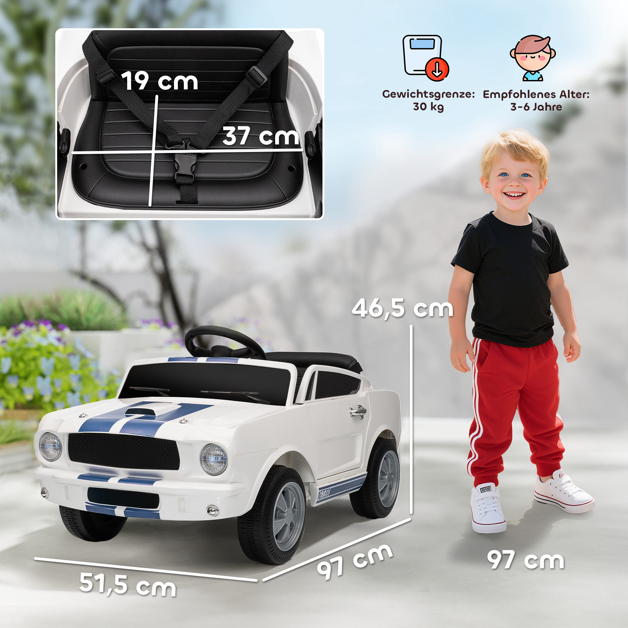 Kinder Elektroauto 12V Kinderauto mit 2,4 GHz Fernbedienung, 2 Motor Hupe, LED, Musik Weiß