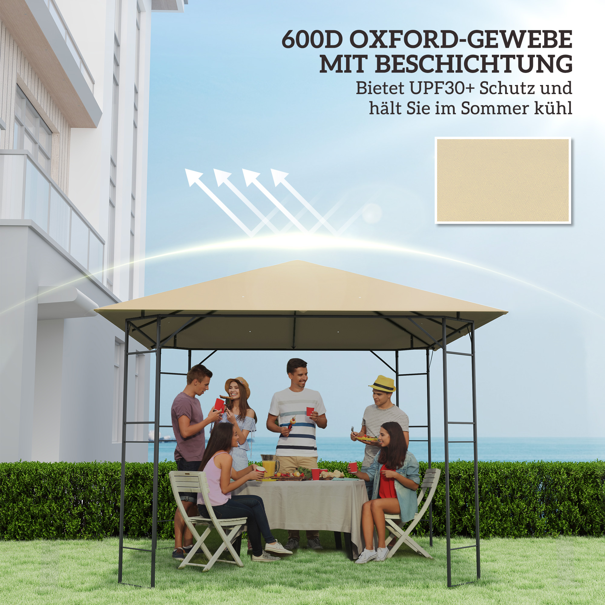 Ersatzdach für Pavillon 3 x 3 m wasserabweisend Pavillondach UPF30+ Ersatzbezug Oxford-Stoff, 370 g/m², Beige