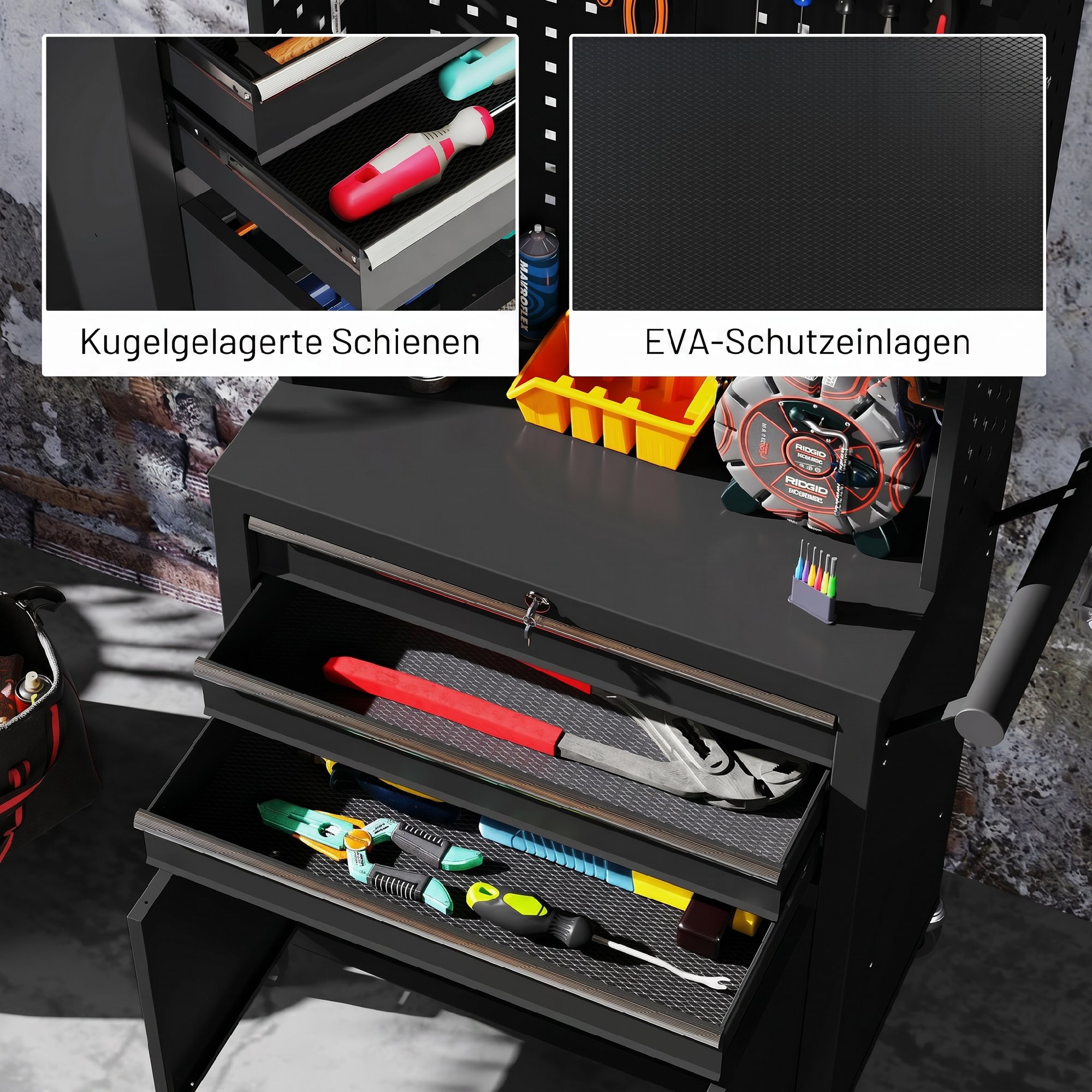 Werkzeugschrank Werkzeugkasten auf Rollen mit Lochplatte, 3 Schubladen für Garage und Werkstatt, Schwarz