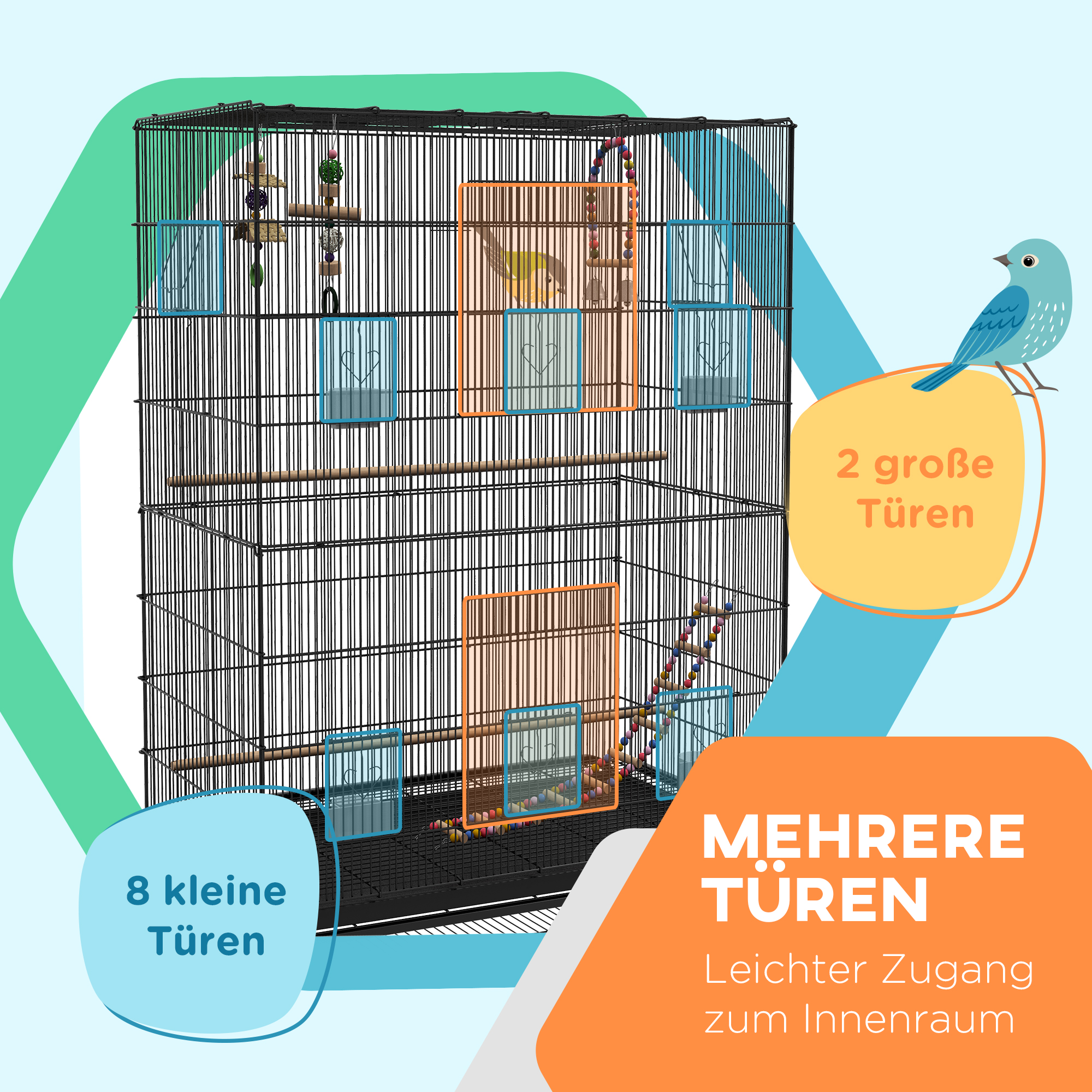 Vogelkäfig inklusive Sitzstangen, Vogelspielzeug, herausnehmbare Bodenwanne, Schwarz