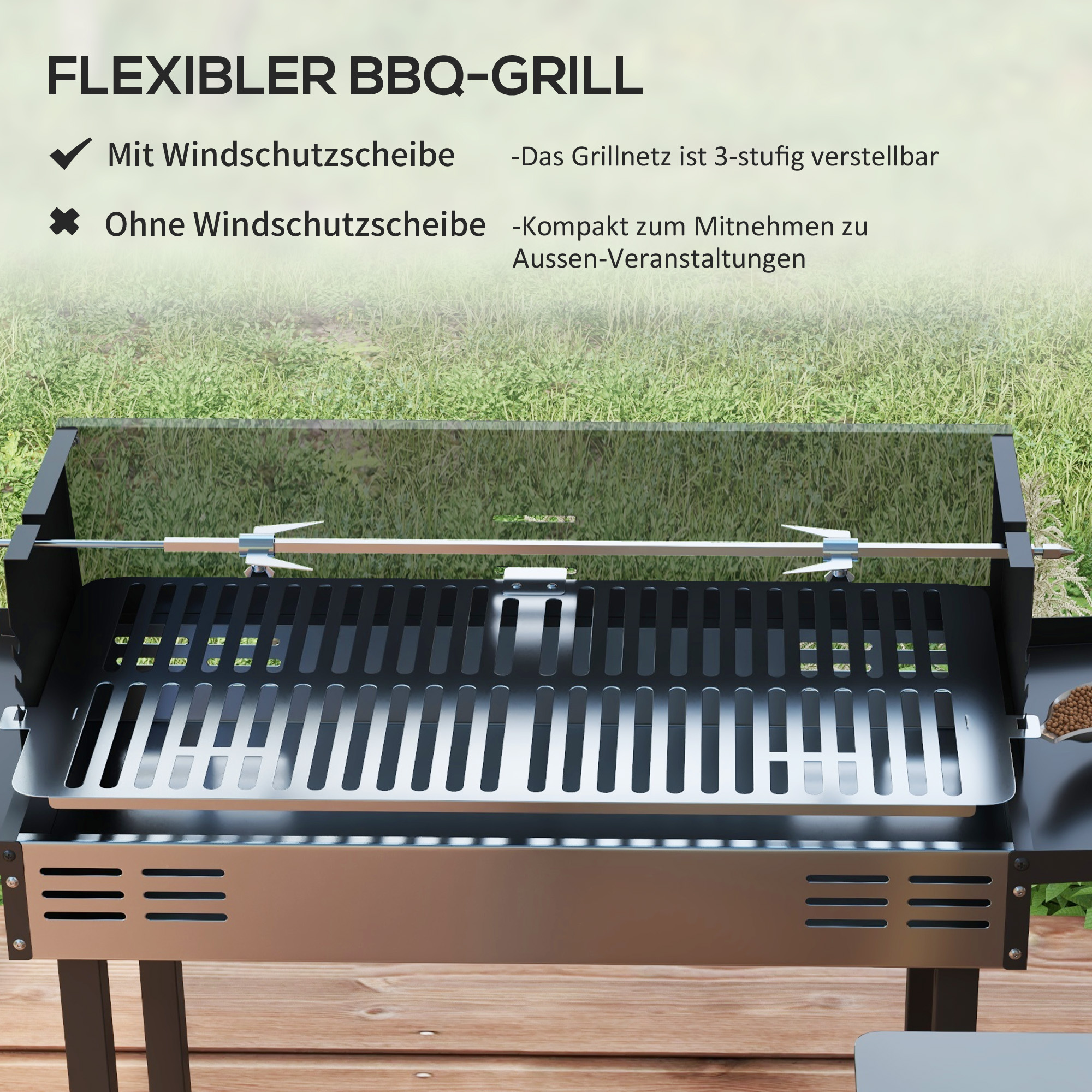 Holzkohlegrill Grill BBQ-Grill, verstellbares Rost, 1 Drehspieß, 118 x 32 x 90 cm, Schwarz + Silber