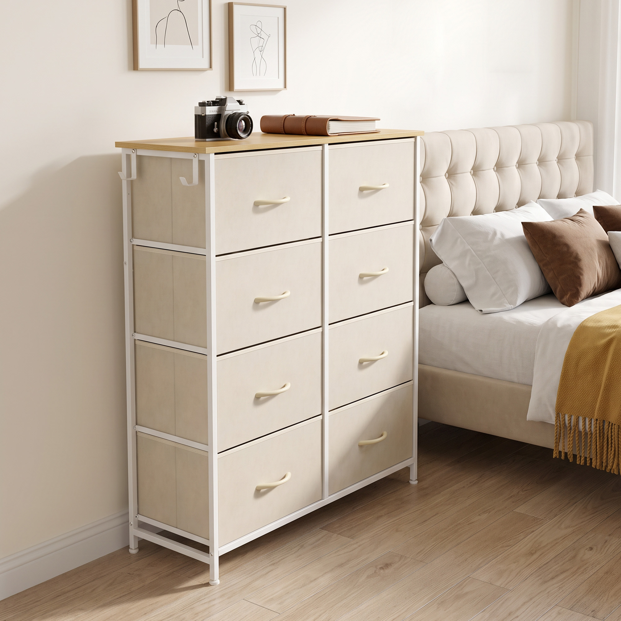 Schlafzimmer-Kommode mit 8 Stoffschubladen, Stahlstreben, Holzoberfläche, 4 Aufbewahrungstaschen, 2 Haken, Beige
