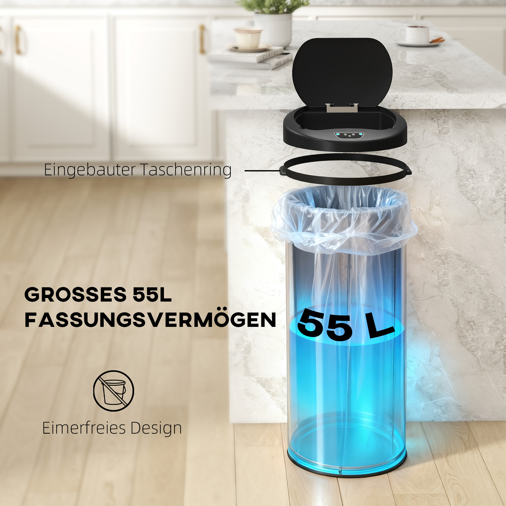 Sensor Mülleimer 55L Berührungsloser Abfalleimer mit Soft-Close-Deckel aus Edelstahl für Küche Fitnessstudio