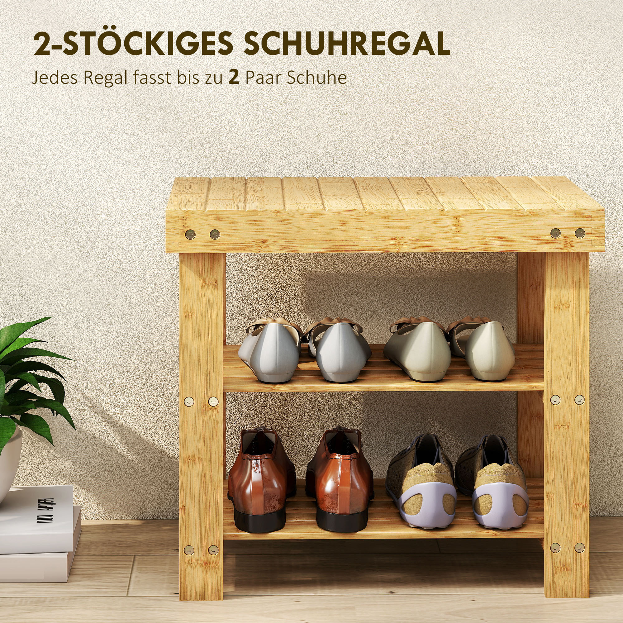 Schuhbank aus Bambus, Schuhregal mit 2 Ablagen, Sitzfläche, für Flur, Eingangsbereich, 50x28x45cm, Natur