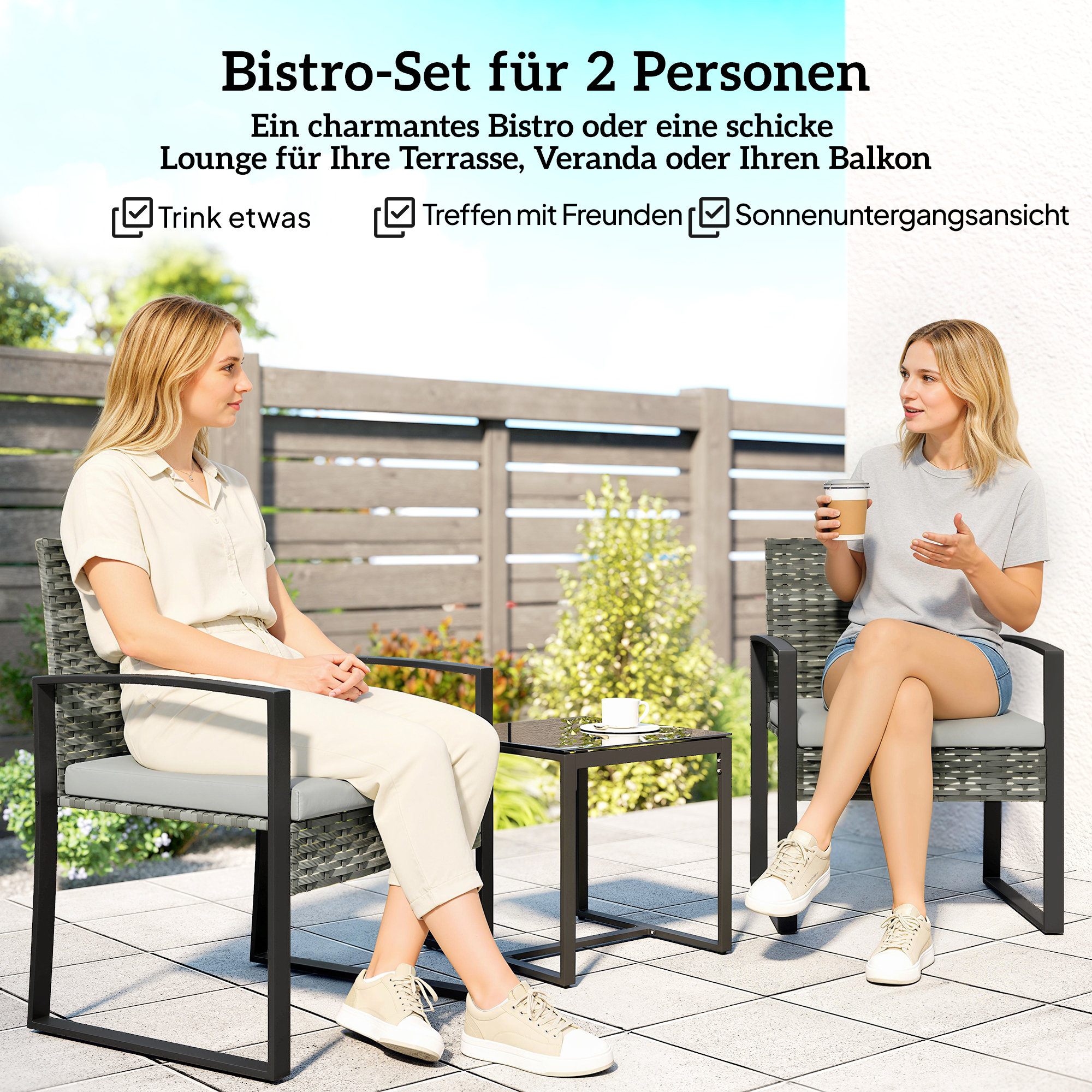 Rattan Bistroset, 3 teiliges Gartenmöbel-Set mit 2 Gartenstühlen, Couchtisch, abnehmbar Kissen Hellgrau