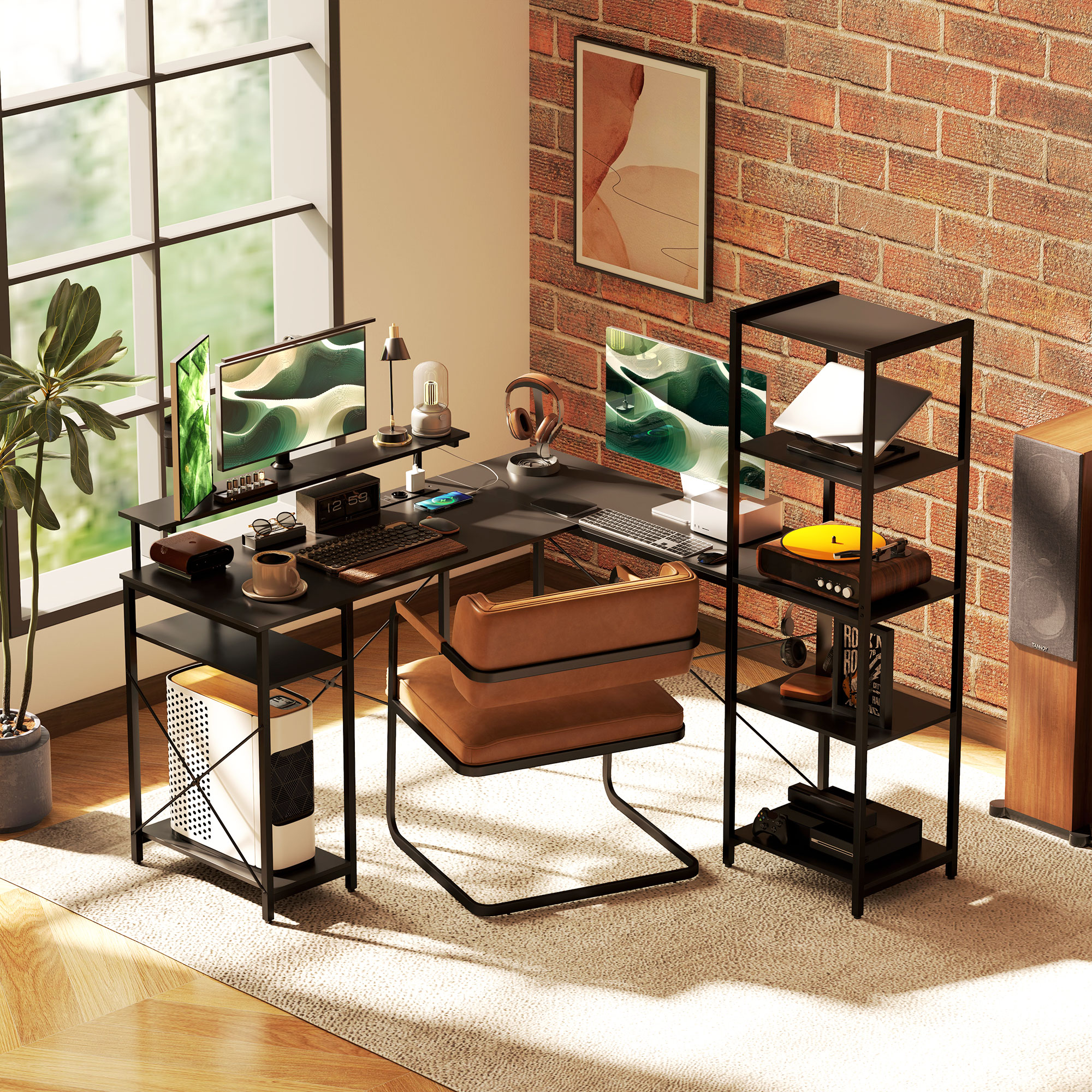 L-förmiger Schreibtisch mit Ladestation, Eck-Computertisch mit Monitorständer und Regalen, für Homeoffice, Büro, Schwarz