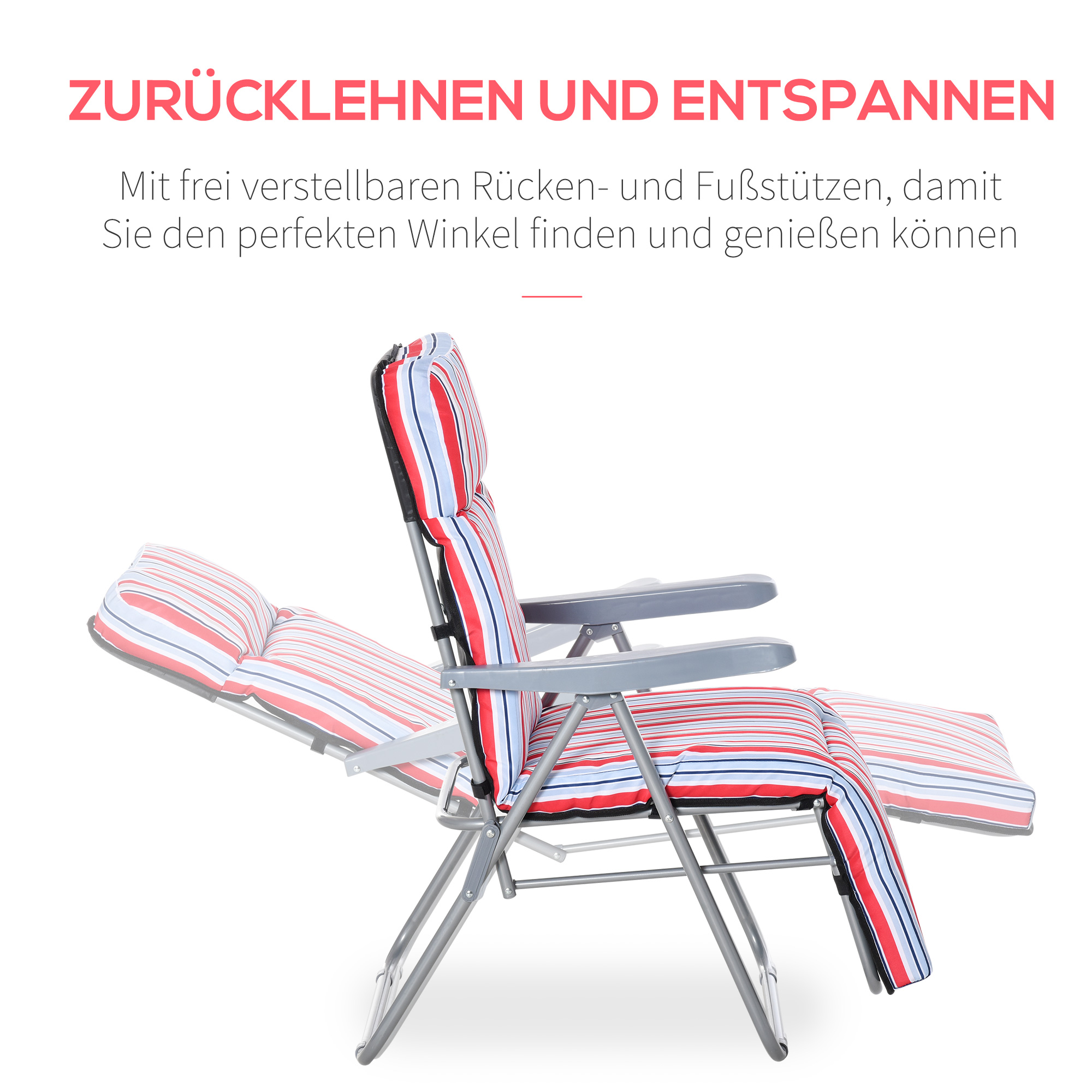 2er-Set Liegestuhl Set mit Kissen klappbar Sonnenliege 5 Stufen verstellbarer Rückenlehne Gartenliege Gartenmöbel Set Stahl Polyester Rot 60 x 75 x 65-102 cm