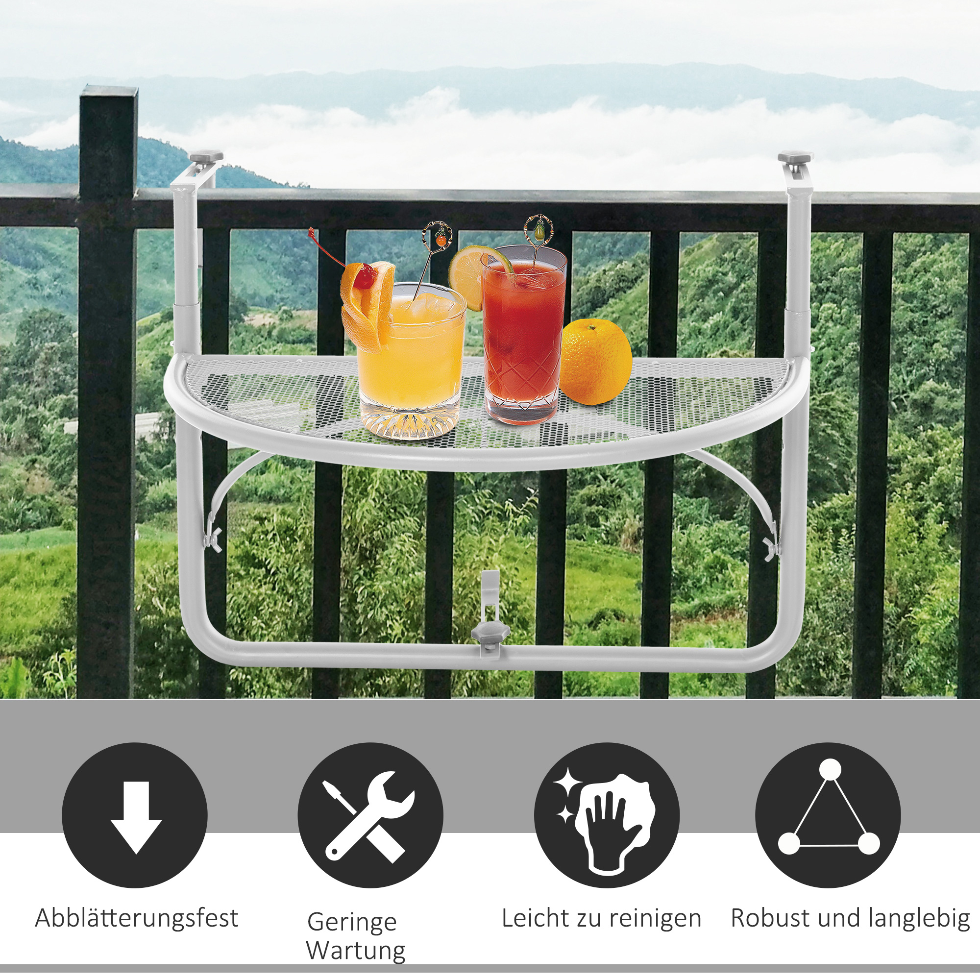 Balkonhängetisch Hängetisch Gartentisch höhenverstellbar halbrund Ø30 cm Terrasse Metall Weiß L60 x B45 x H50 cm