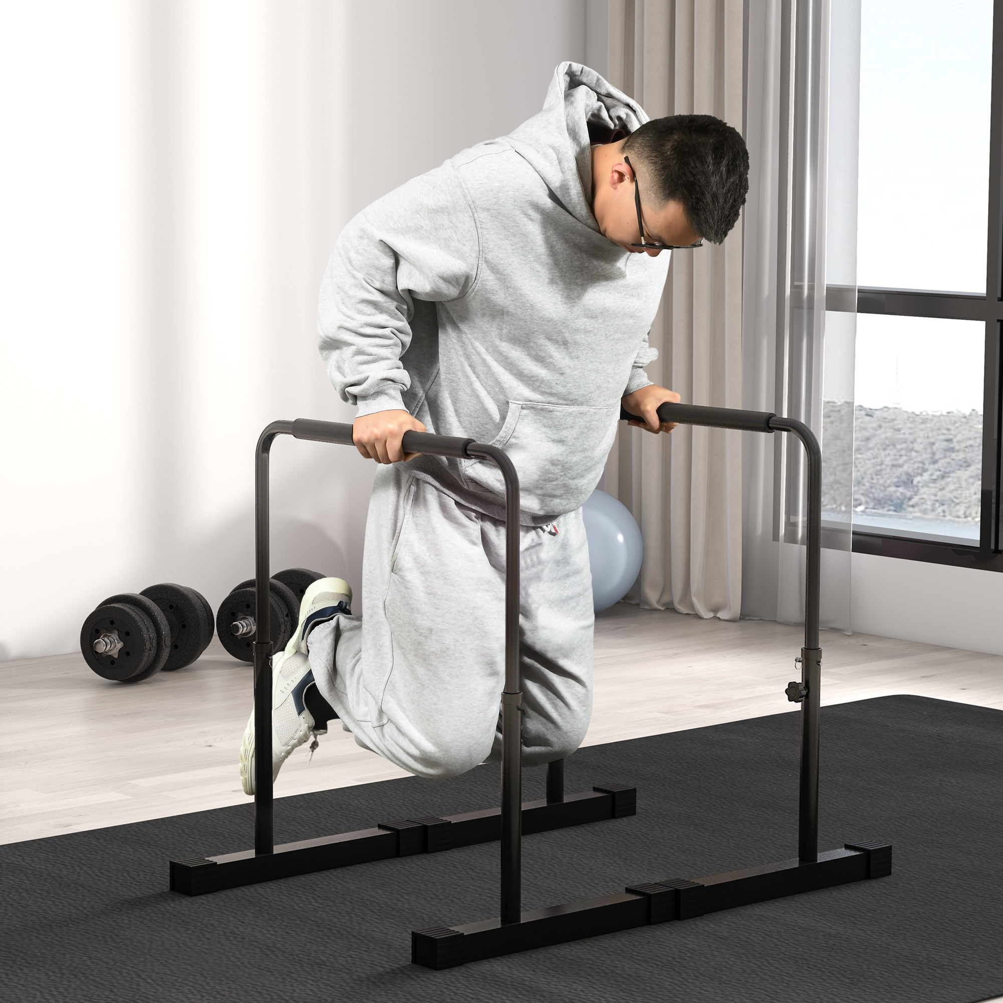 Dip-Station, höhenverstellbar 80-105 cm, leicht, rutschfest, bis 120 kg, Stahl, Schwarz