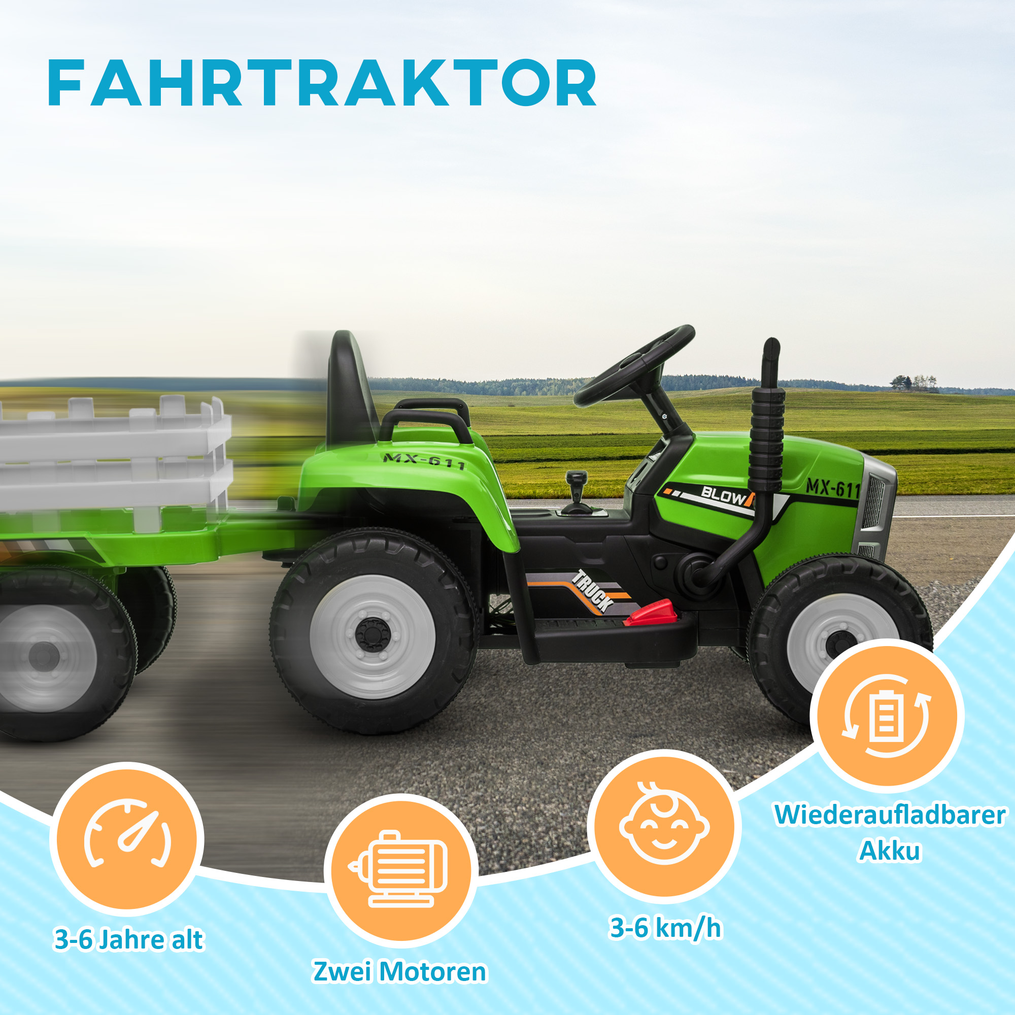 Elektrischen Kinderauto, Kinder-Traktor, inkl. Eltern-Fernbedienung, max. Geschwindigkeit von 6 km/h;, Grün + Schwarz