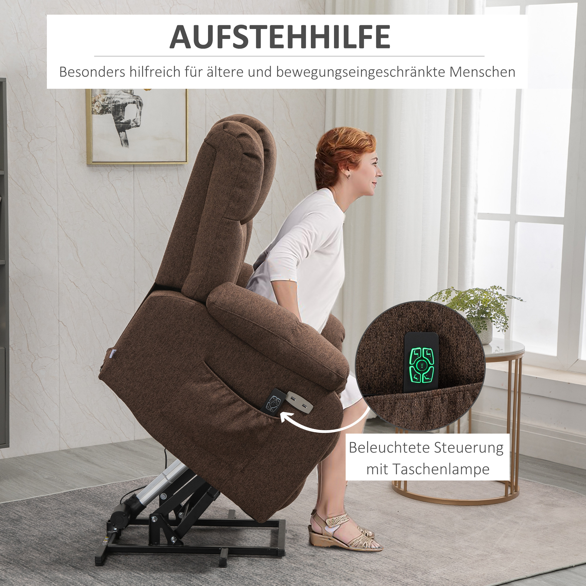 Aufstehsessel mit Liegefunktion und Fernbedienung 92 x 95 x 107 cm, Braun