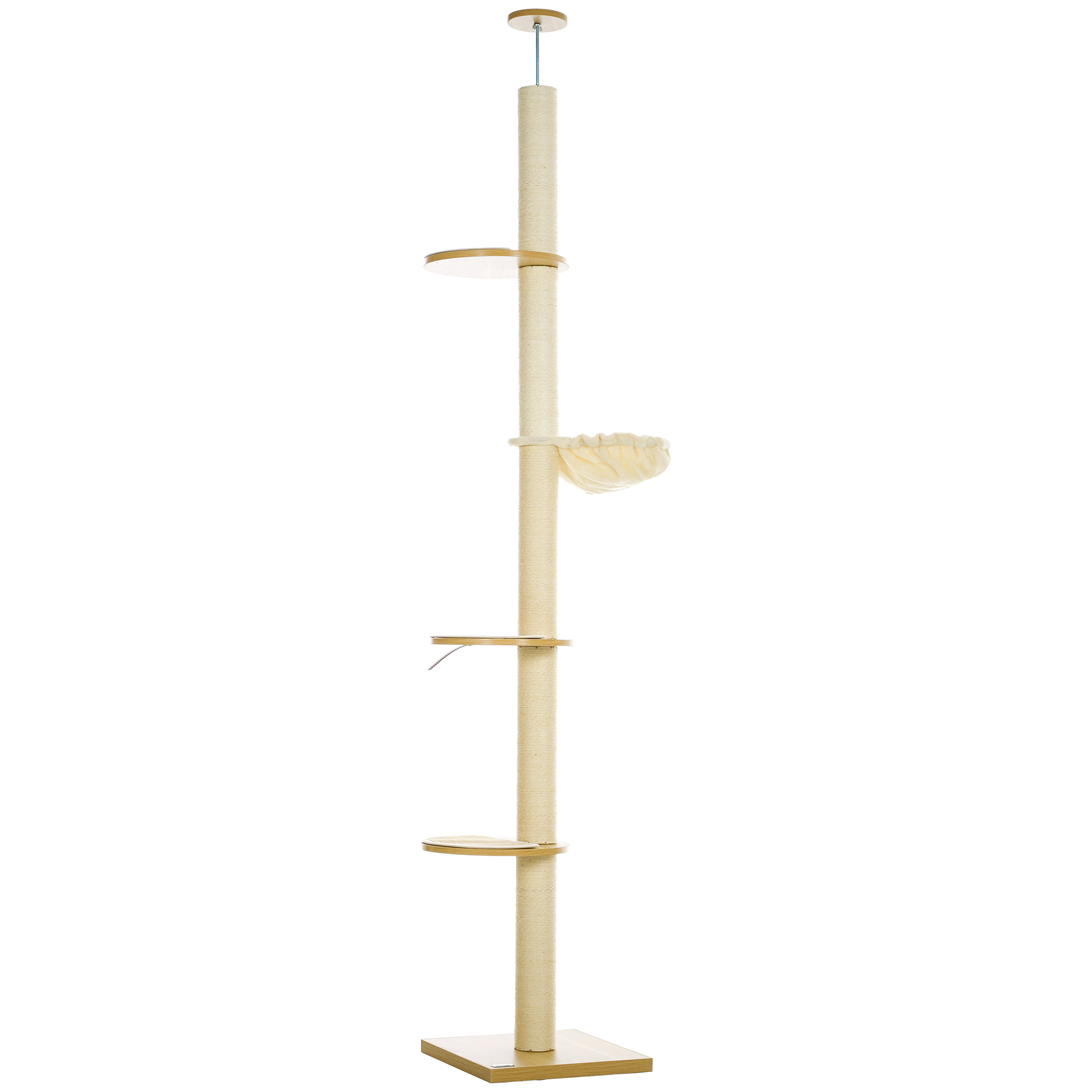 Deckenhoher Kratzbaum, Anti-Kipp-Sicherung, Sisal-Seilpfosten, Holzwerkstoff, Eiche+Cremeweiß