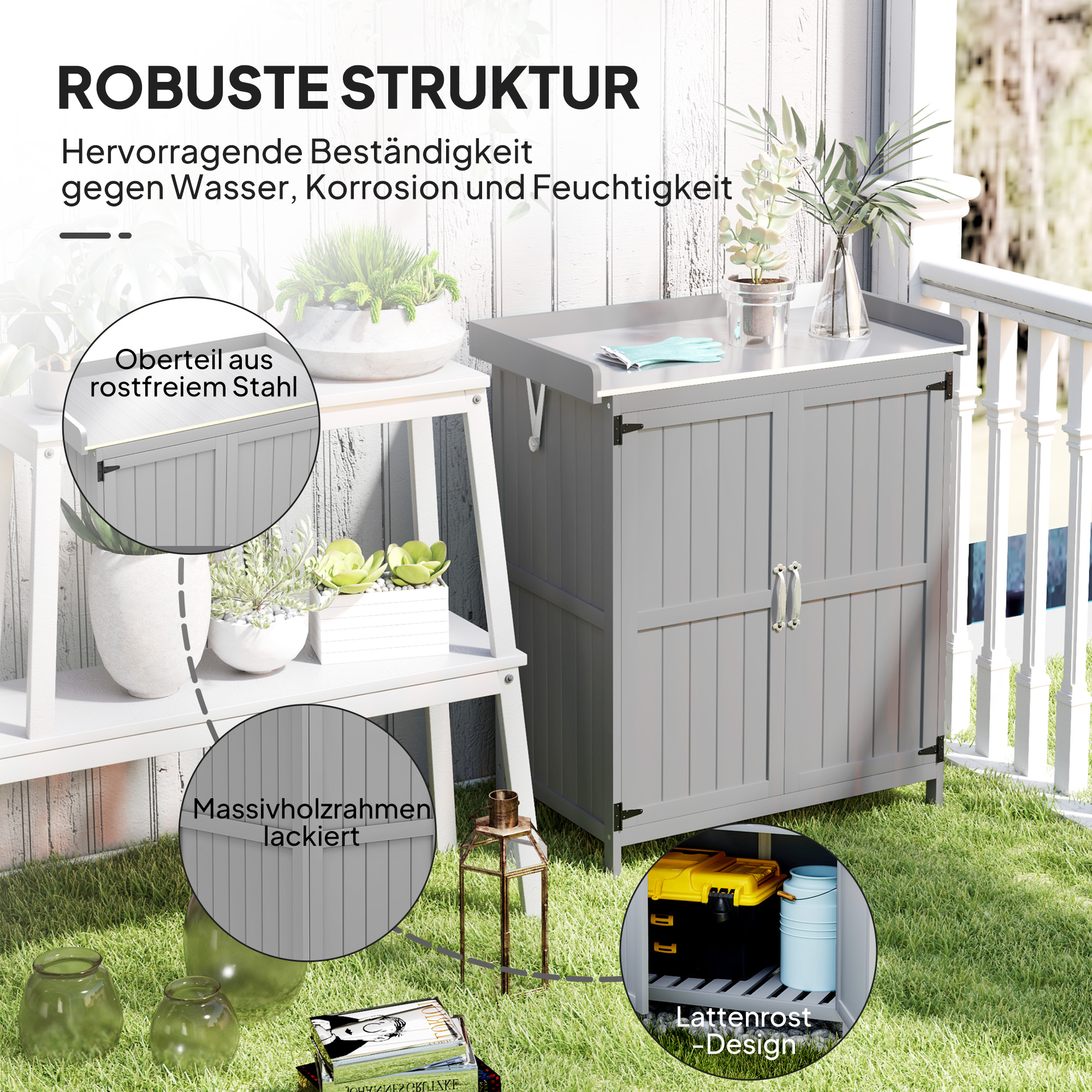 Gartenschrank, Werkzeugschrank für den Außenbereich, mit Arbeitsfläche, Holz und Edelstahl, Doppeltüren, Grau