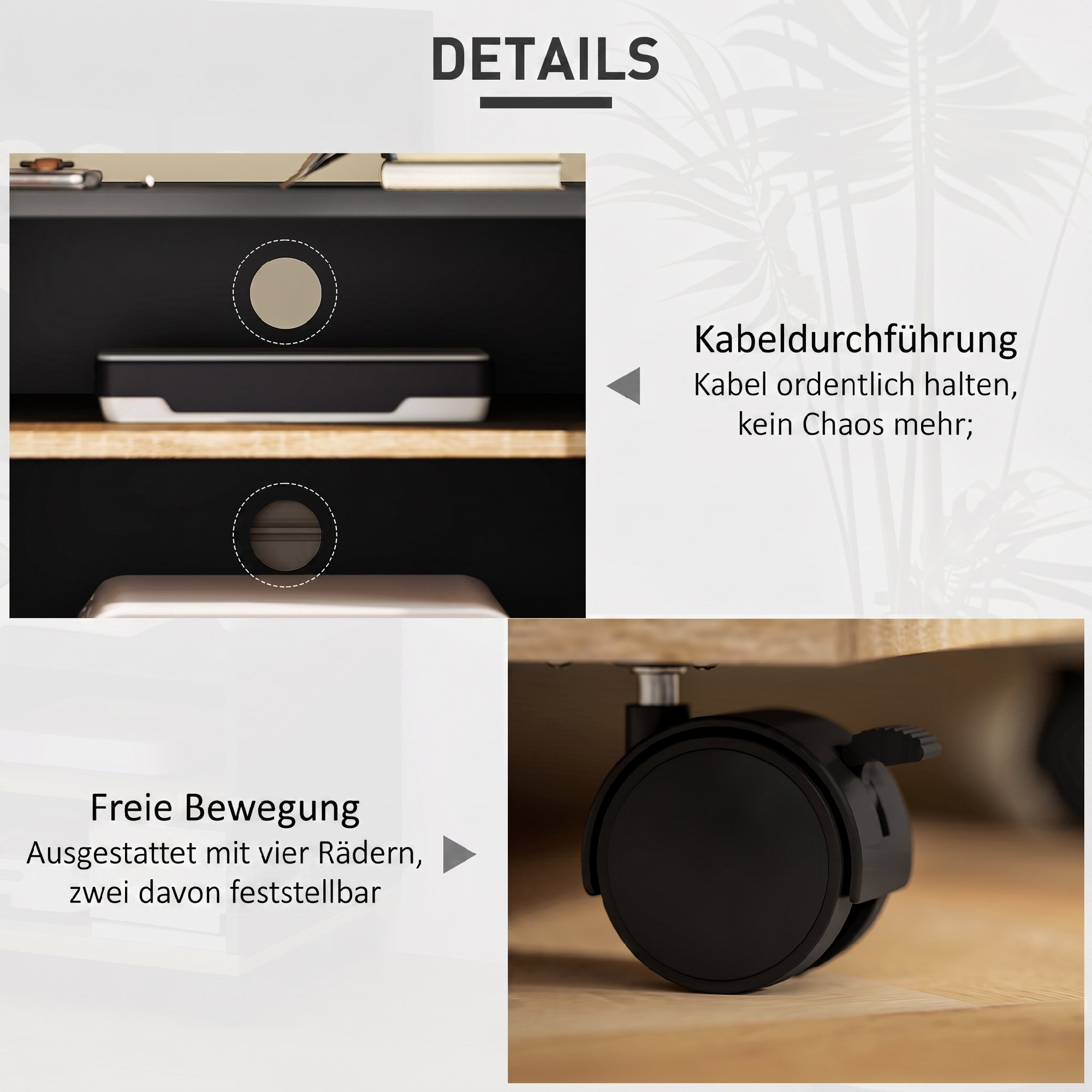 TV-Board auf Rollen mit Bremsen, TV-Möbel mit Schrank und verstellbarer Ablage, Schwarz und Eiche