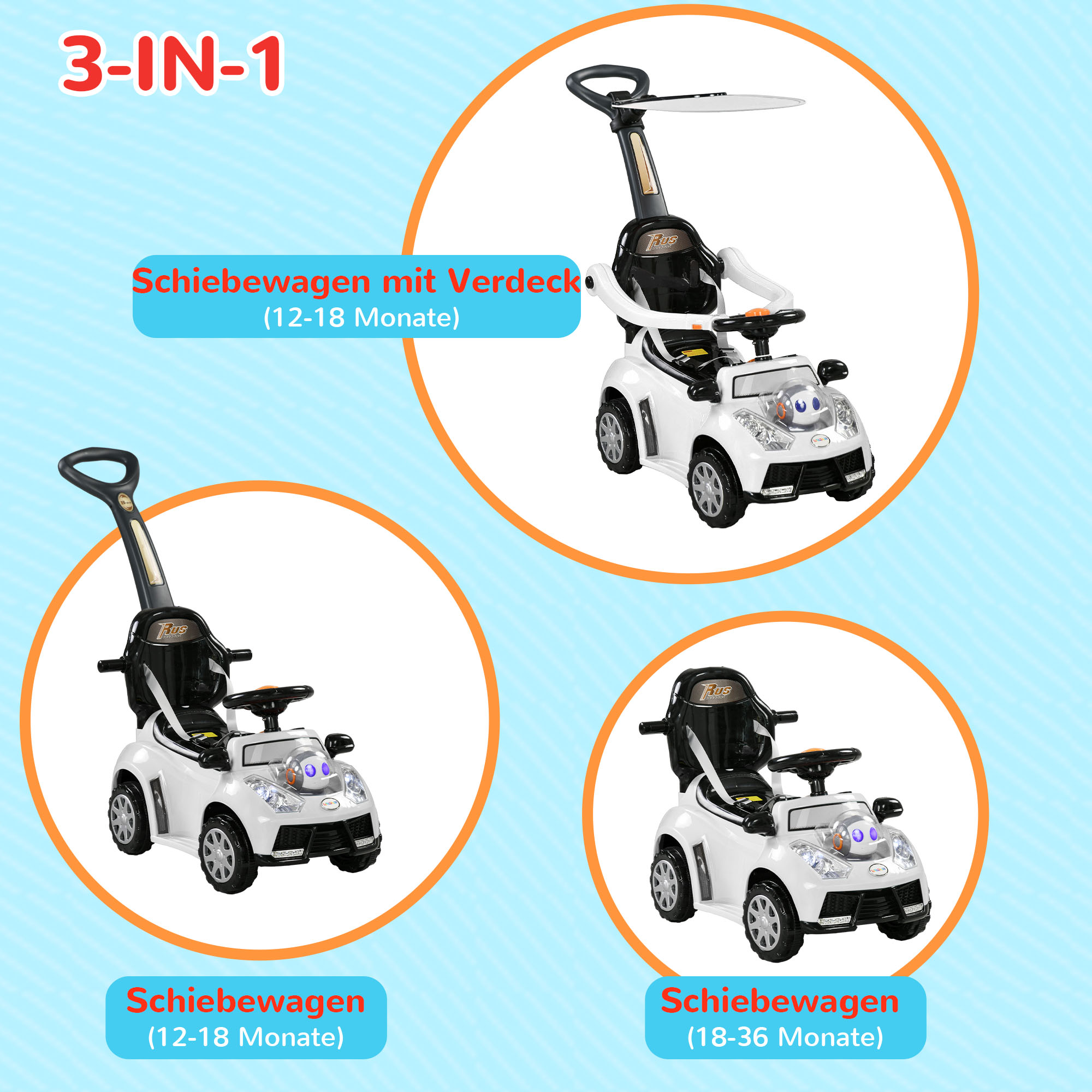 2-in-1 Rutschauto, abnehmbares Verdeck, Lichter, Musik, Hupe, Kunststoff und Metall, 96 x 39 x 90 cm, Weiß/Schwarz