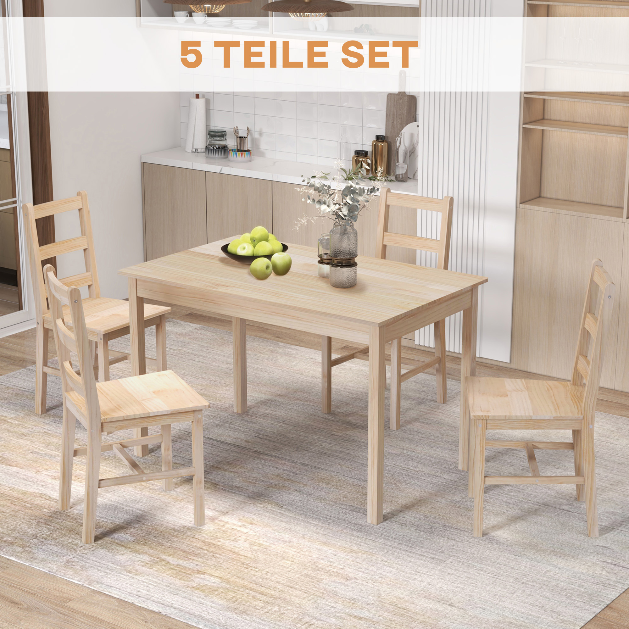 5-teilige Essgruppe Esstisch mit Stühlen Sitzgruppe, Massivholz, 118 cm x 73 cm x 75 cm, Natur