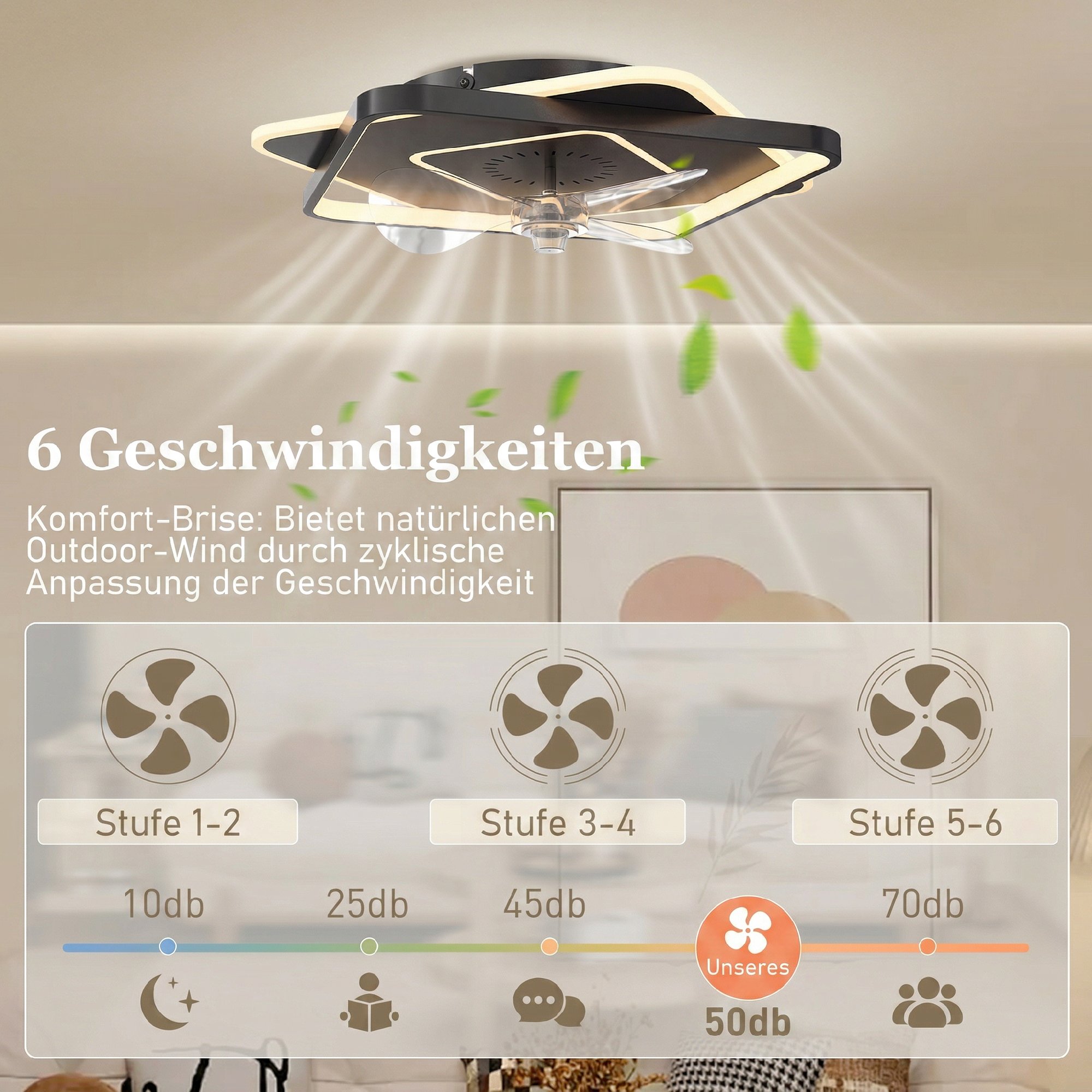 Deckenventilator mit Licht und Fernbedienung, LED-Deckenventilator mit 6 Geschwindigkeiten, 3 Farbtemperaturen