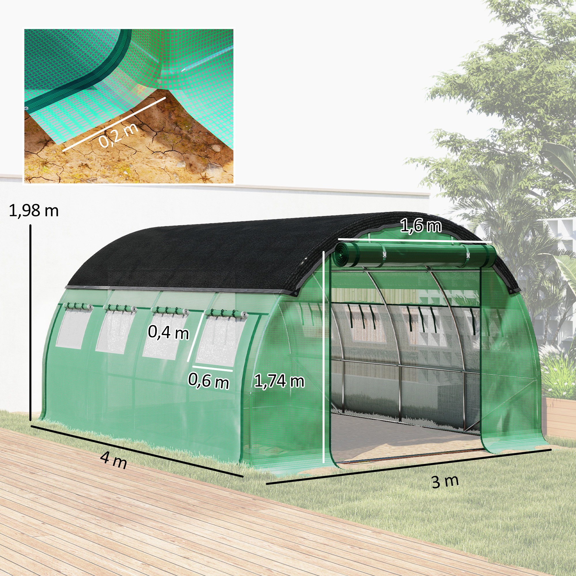 4 x 3 x 2 m Polytunnel-Gewächshaus mit Sonnenschutznetz, rollbaren Seitenwänden, Kunststoff-Abdeckung, Stahlrahmen, Grün