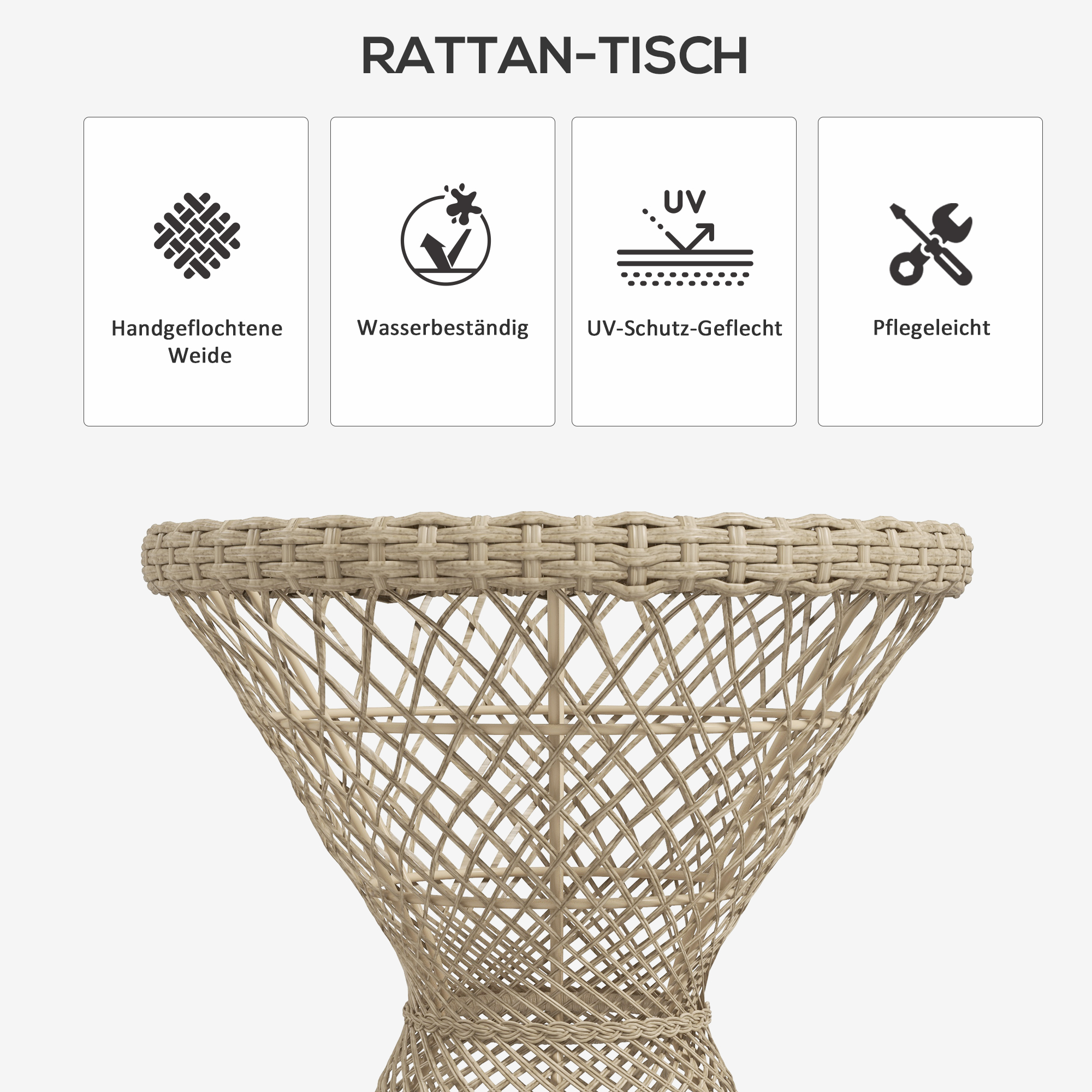 Couchtisch Beistelltisch Boho-Design, Glasplatte, PE-Rattan, 45 cm x 45 cm x 52 cm, Natur