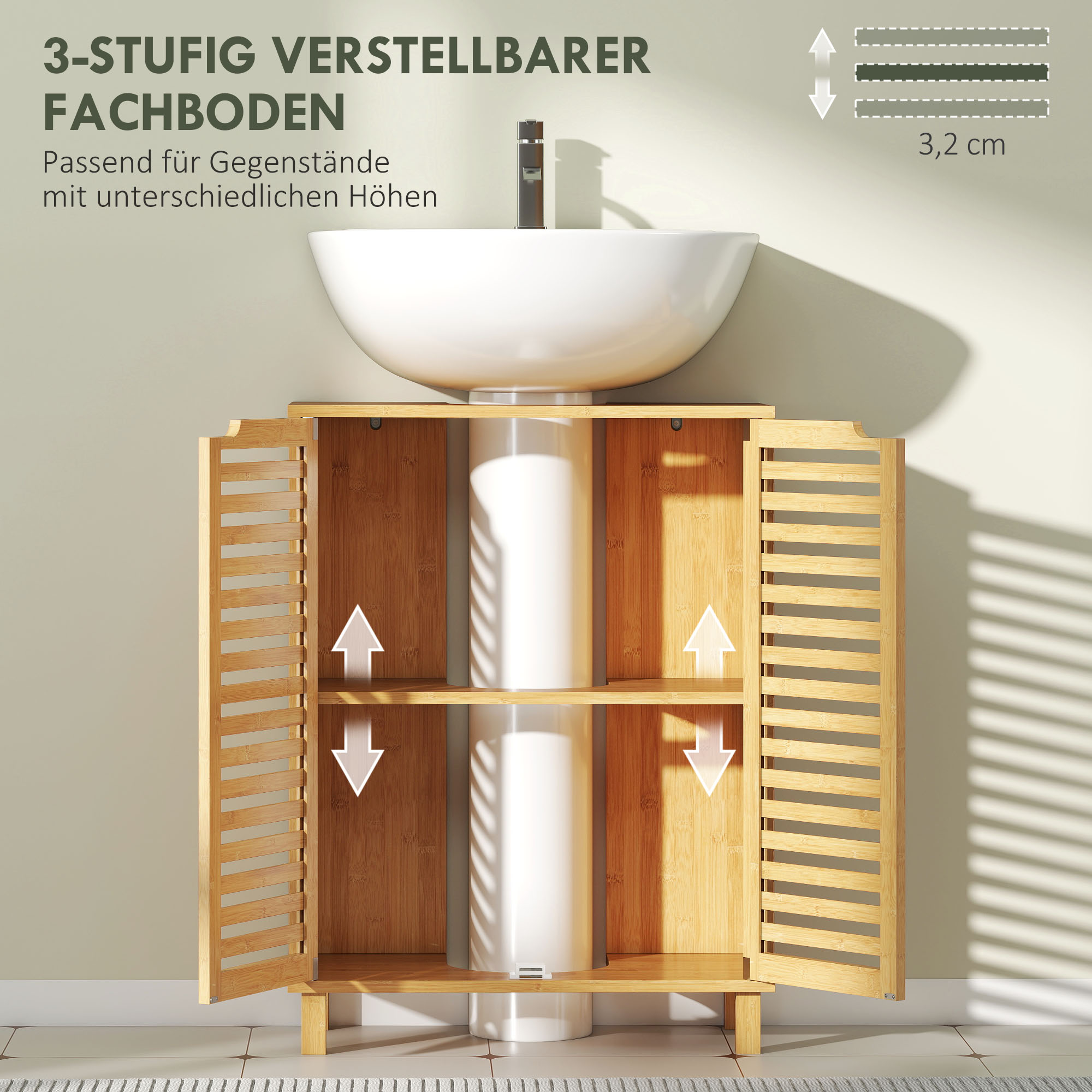 Waschbecken-Unterschrank für Badezimmer, Badschrank mit Lamellentüren, Bambusholz, verstellbare Regale, Natur