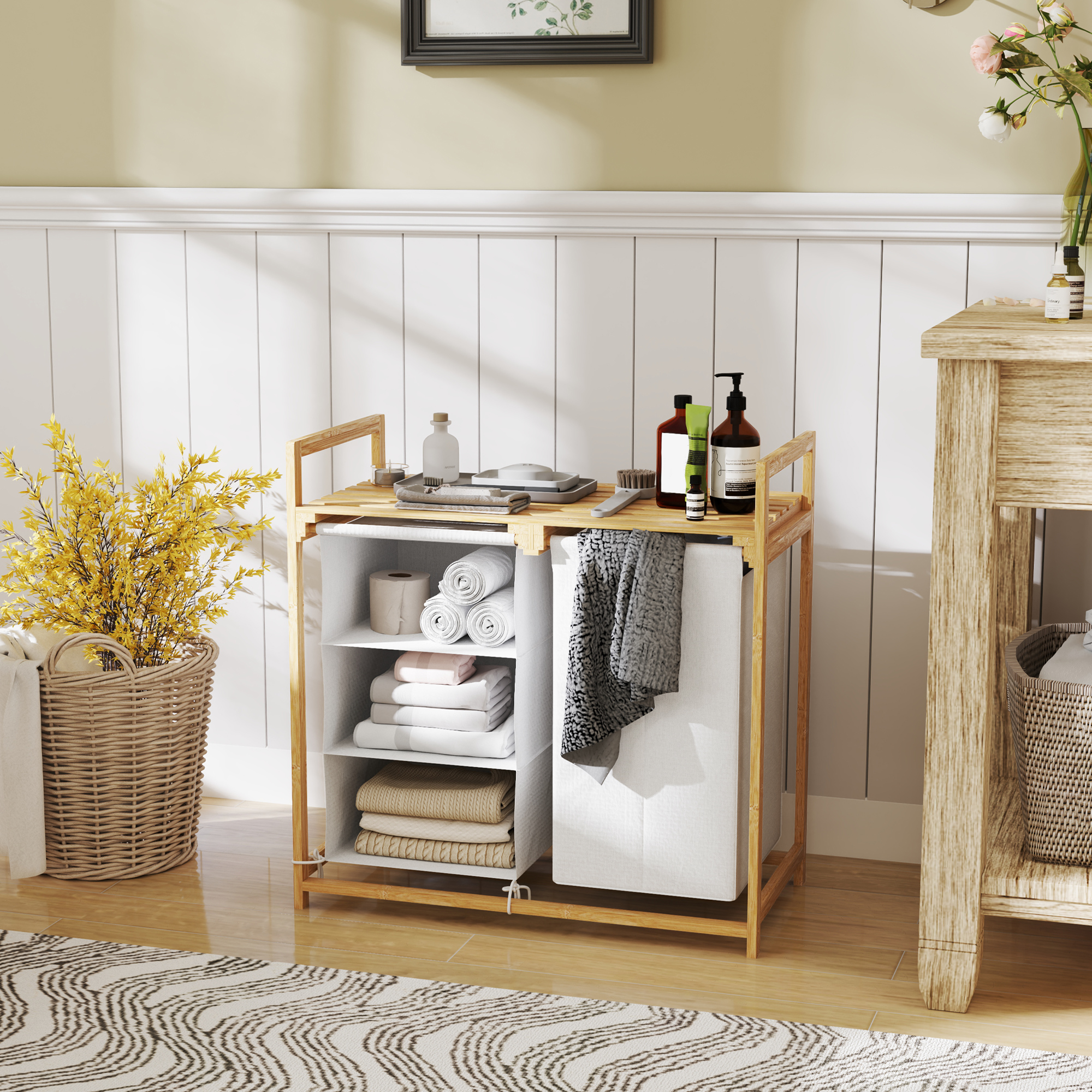 Wäschekorb mit Wäschesack, Stoffschublade, Bambus, 70x36x70 cm, Weiß/Holz