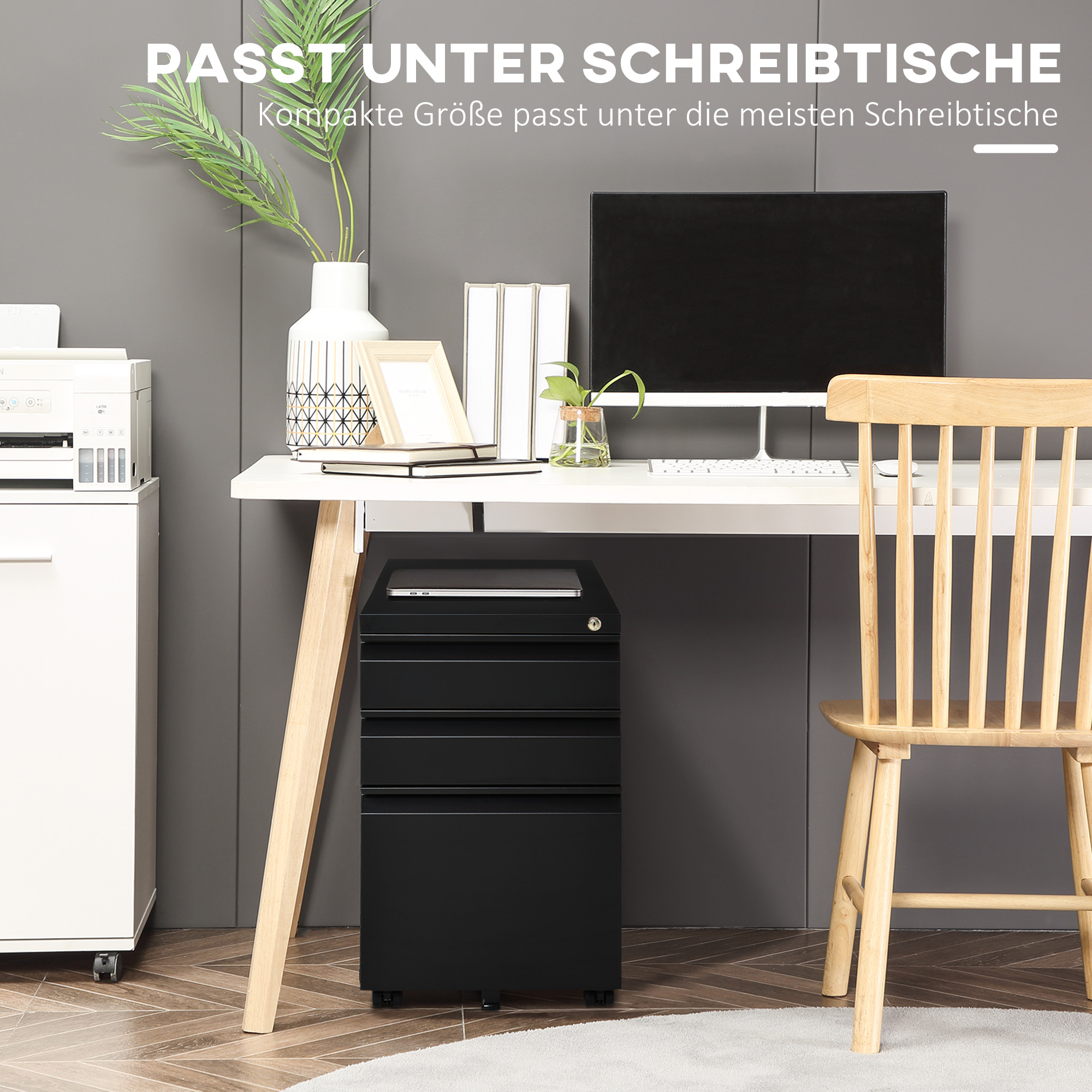 Rollcontainer, 3 Schubladen, 5 Räder, Hängeregister, abschließbar, Stahl, schwarz 39 x 48 x 60 cm