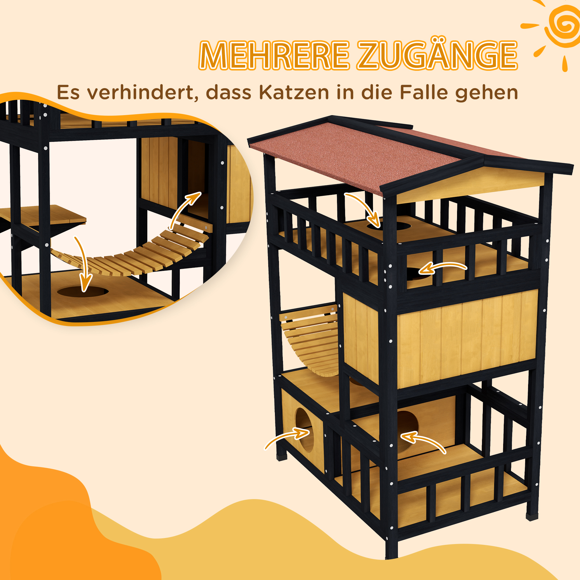 Katzenhaus, Katzenparadies mit Plattformen, Hängebrücke und Katzenhöhlen, für bis zu 2 Katzen geeignet, Holz