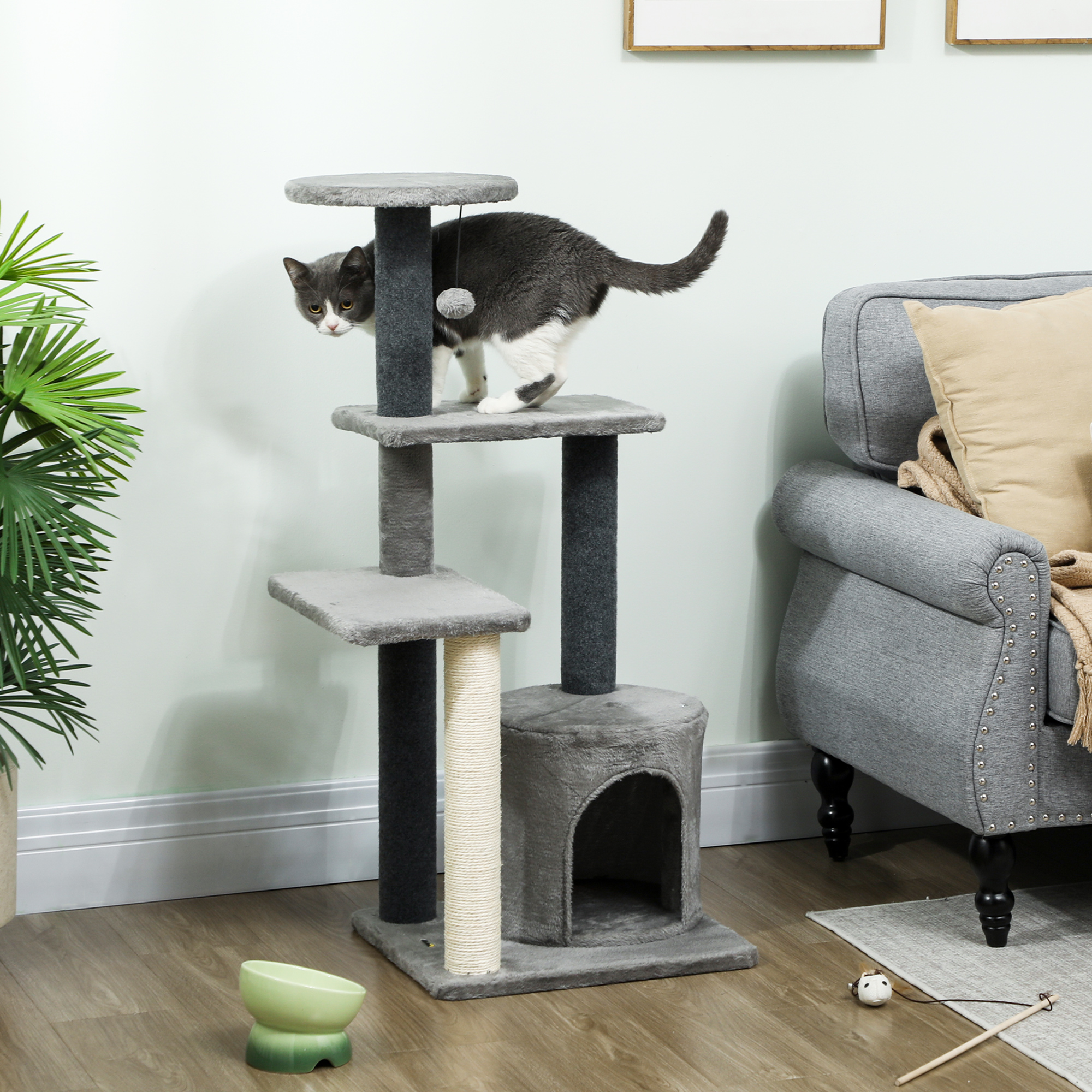 Kratzbaum 103 cm Katzenbaum mit Katzenhöhle, Plattformen, Sisal-Kratzsäulen, Plüschball für Katzen bis 5 kg, Grau