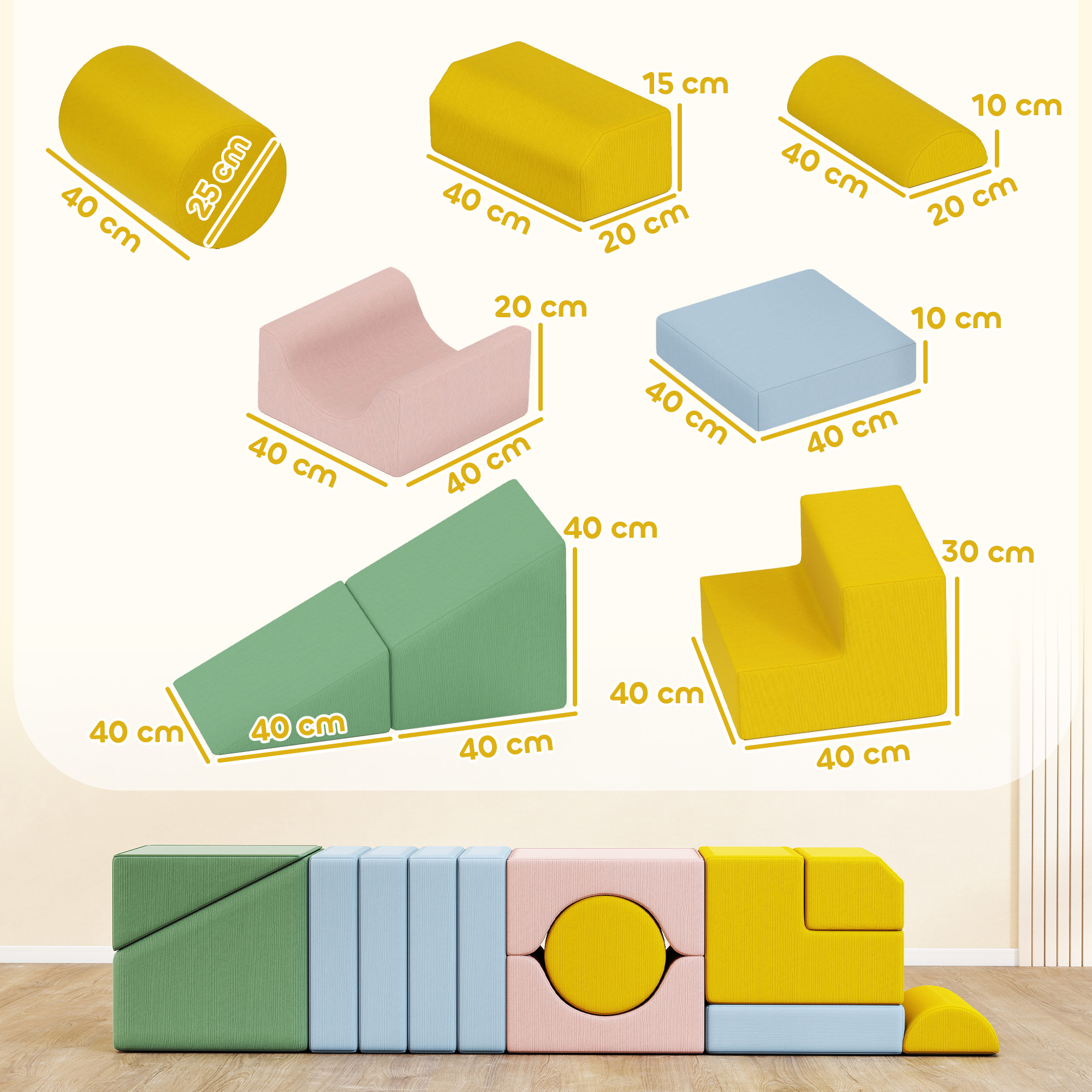Softbaustein-Set für Kinder, 12-teiliges Stoffblock-Set, Schaumstoff, Cordbezug, waschbar, Pastellbunt