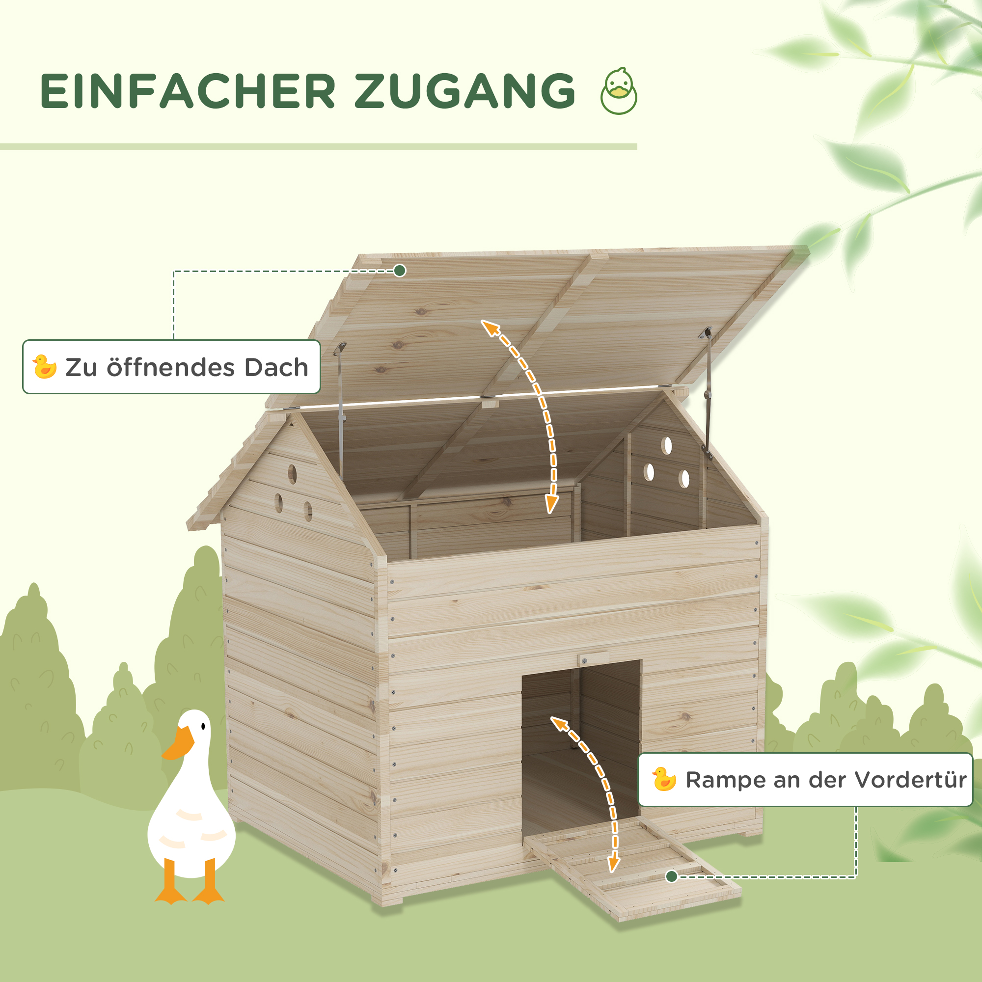 Entenhaus mit aufklappbarem Kippdach, Geflügelhaus mit erhöhten Boden und Rampe, Tannenholz, 100 x 82,5 x 91 cm