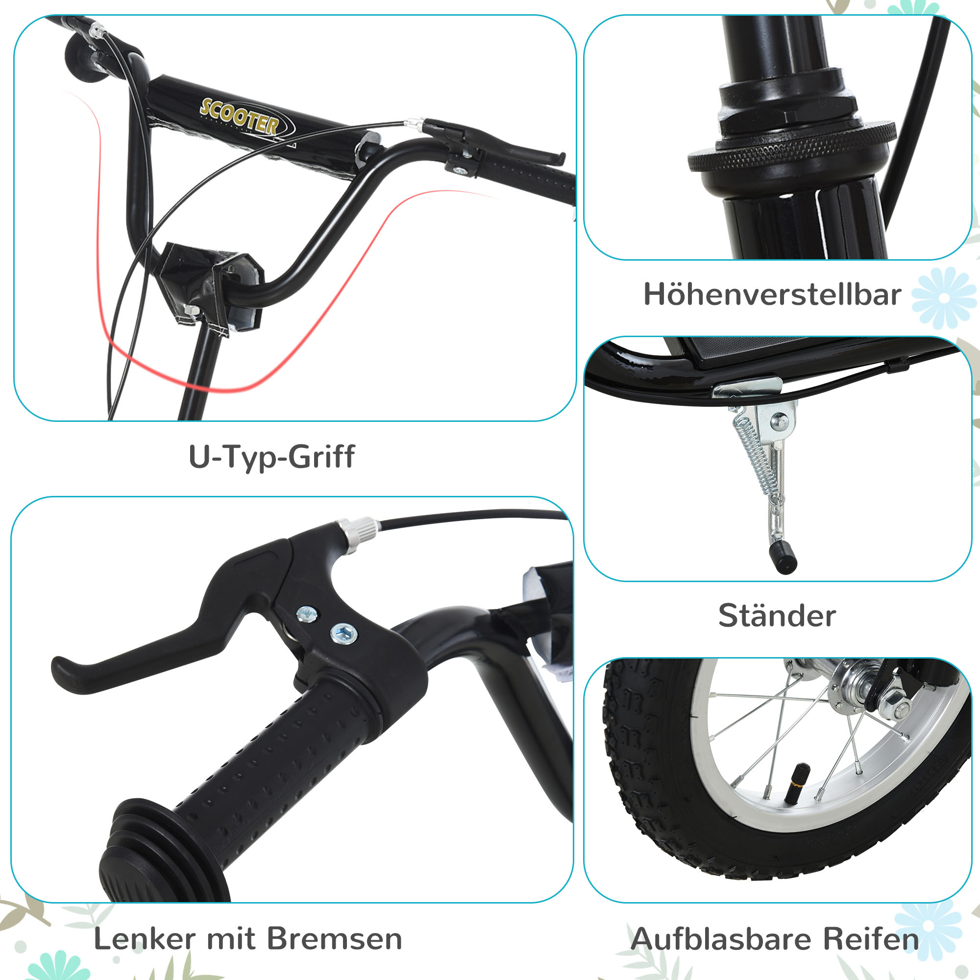 Kinderroller ab 5 Jahre Scooter Kinderscooter Tretroller Cityroller Kinder Roller Kickboard mit Luftreifen 12 Zoll Gummi Aluminium Schwarz 120 x 58 x 85-95 cm